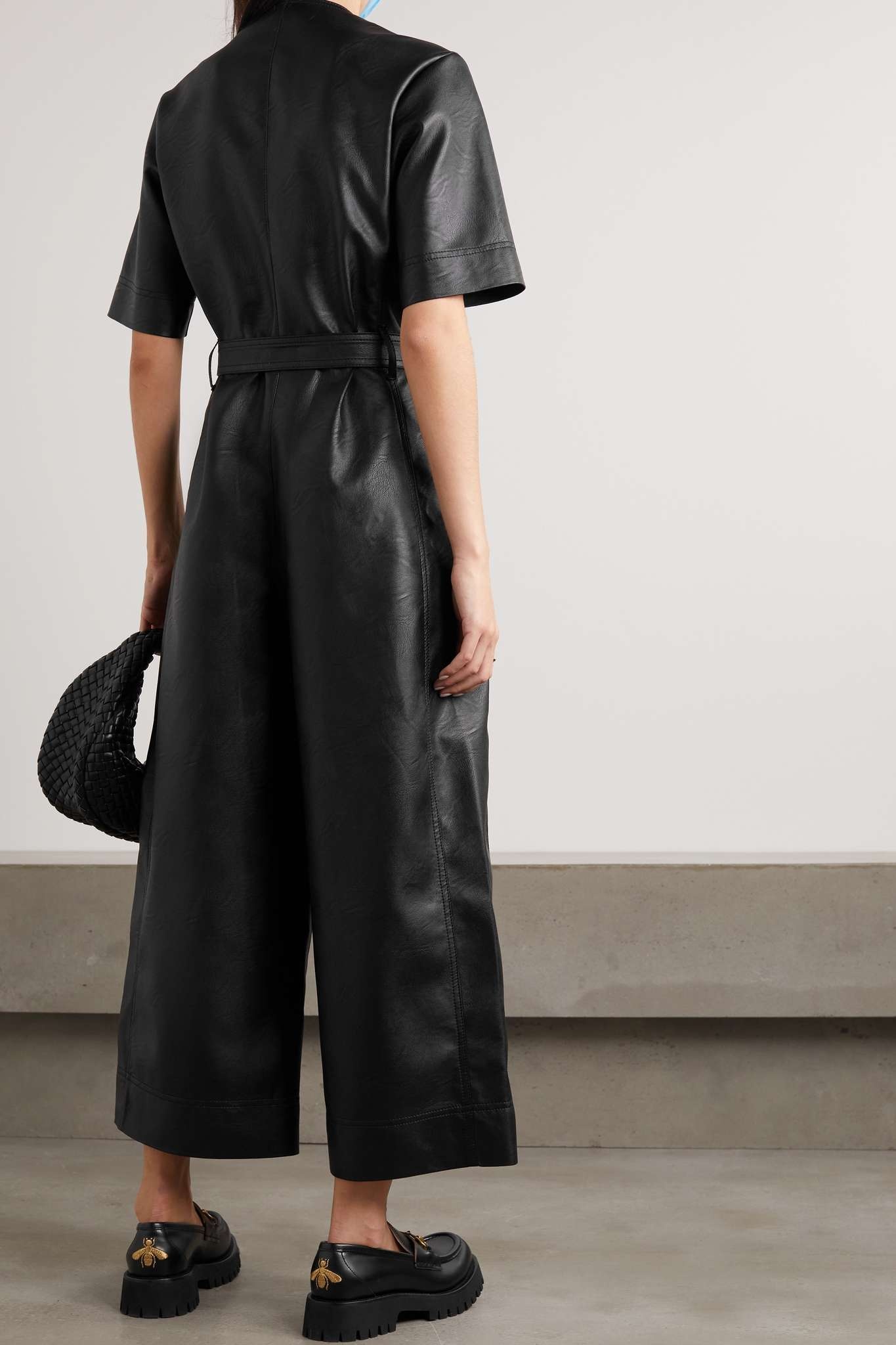 Cropped belted vegetarian leather jumpsuit - 4