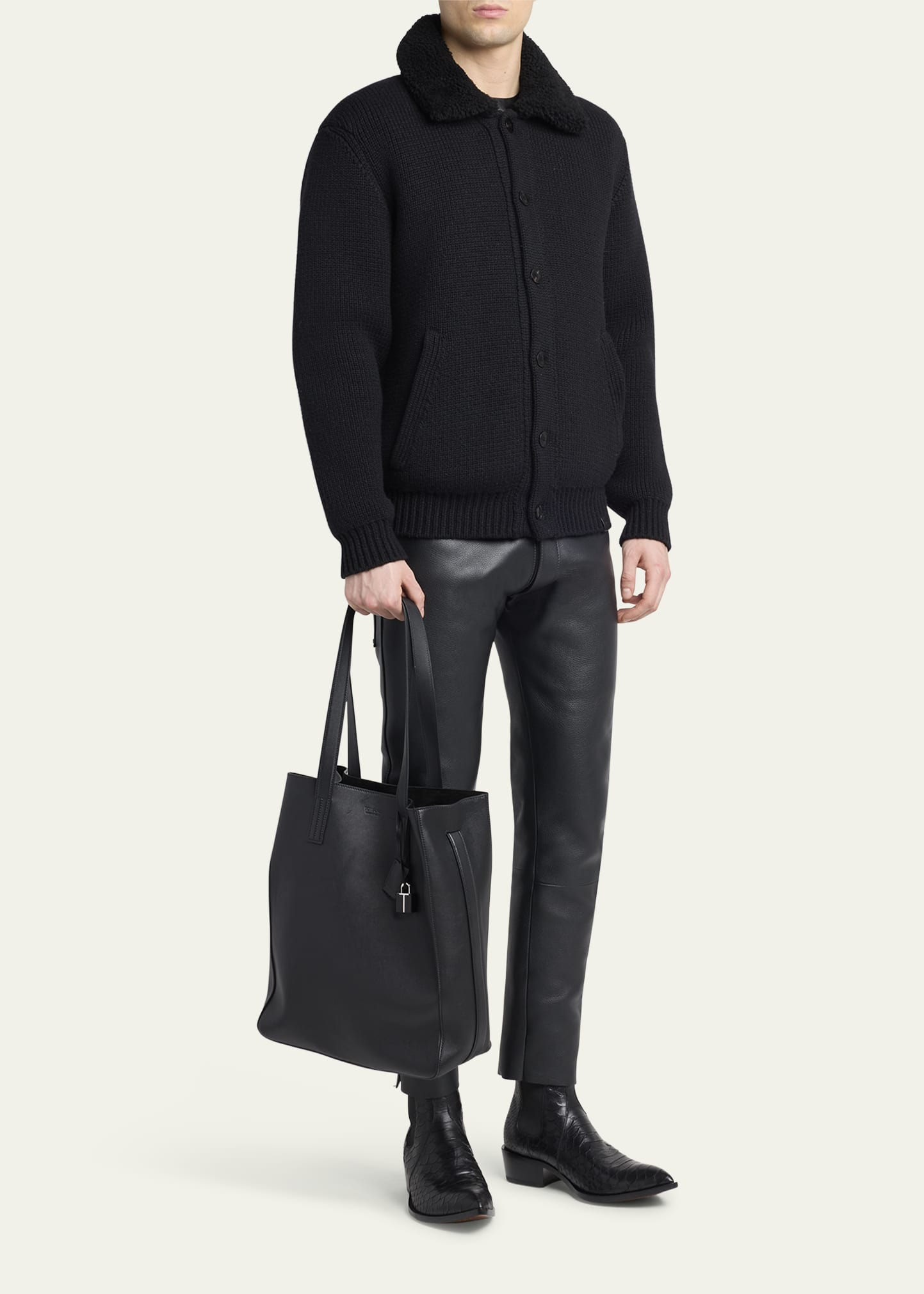 Men's Natural Leather North-South Tote Bag - 6