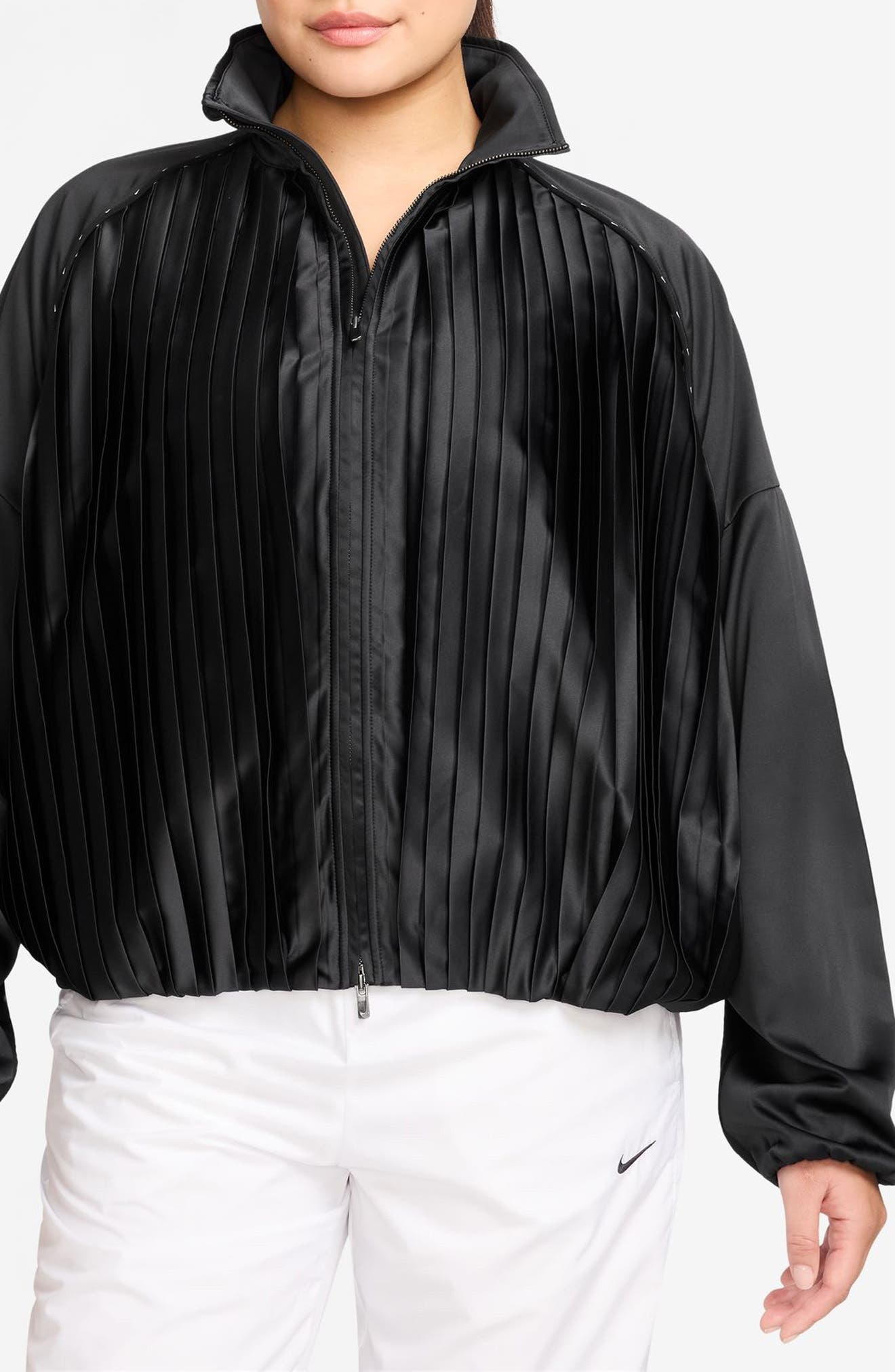 Nike Pleated Satin Track Jacket in Black/Black at Nordstrom - 1