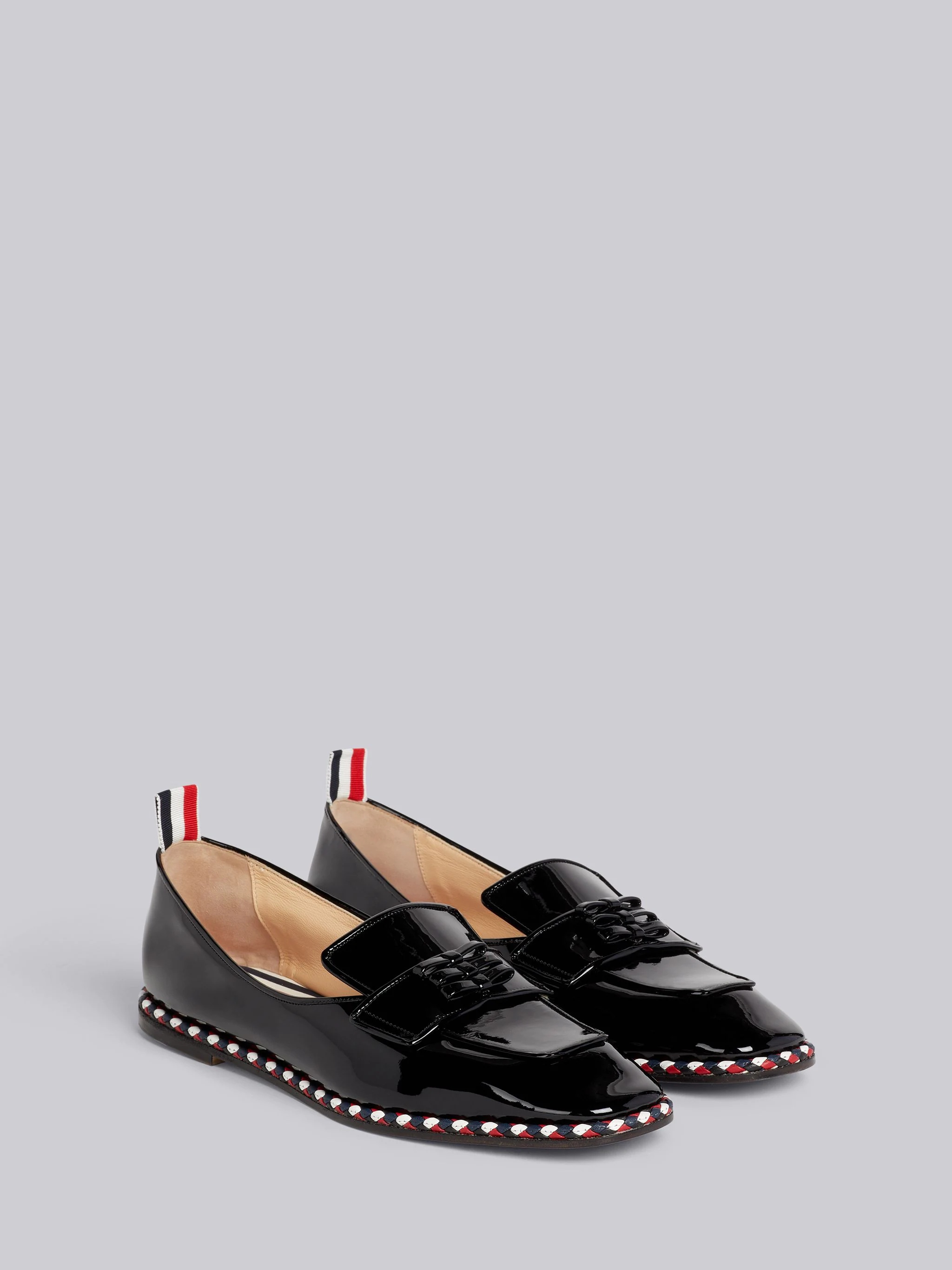 Black Soft Patent Leather Stripe Cord Trimmed Leather Sole Bow Detail Soft Loafer - 3