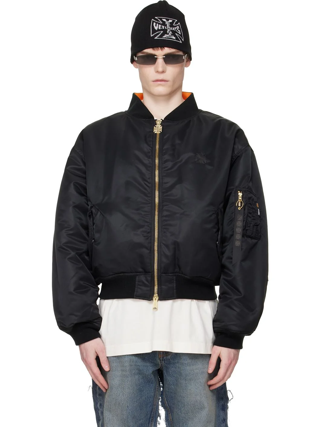 Black Leather Crosses Bomber Jacket - 1