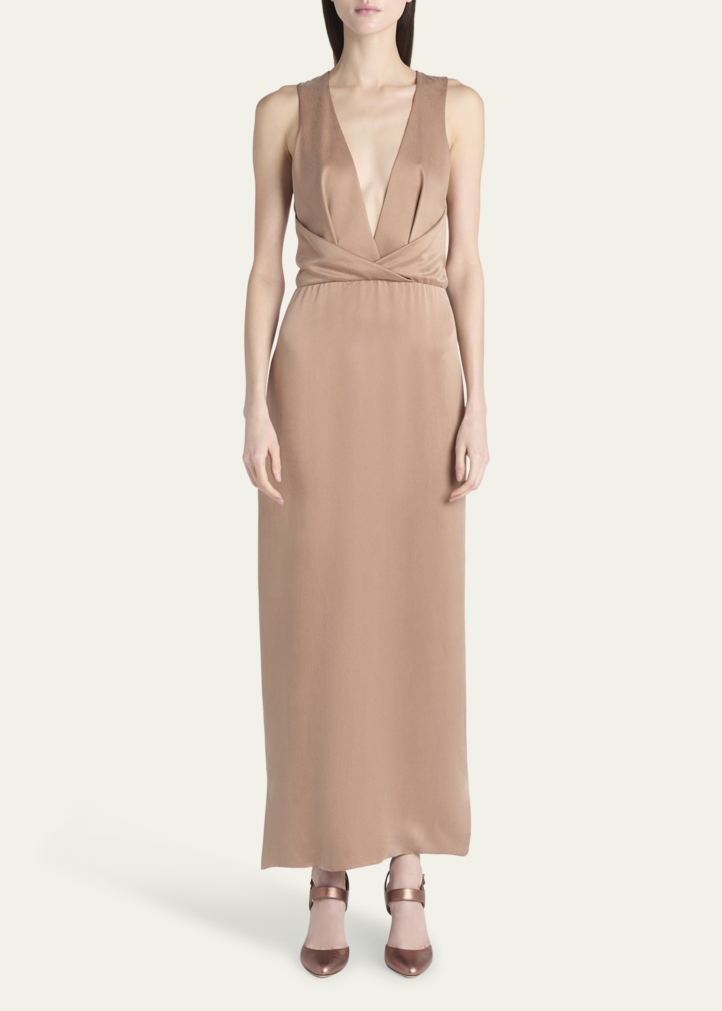 Long Crossover Back Slit Silk Dress - 2