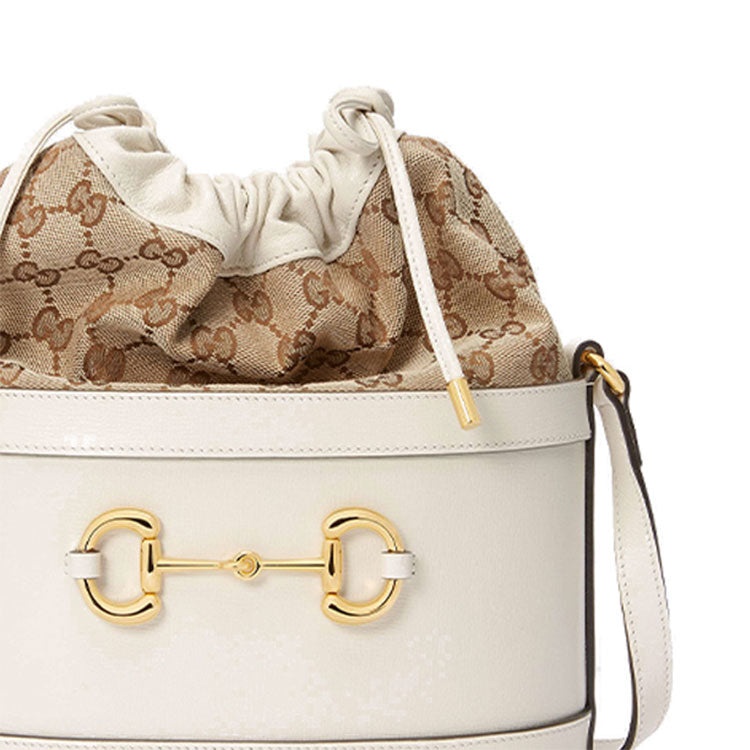 (WMNS) Gucci Horsebit 1955 Retro Gold buckle Logo Canvas Drawstring Shoulder Messenger Bag White 602 - 8