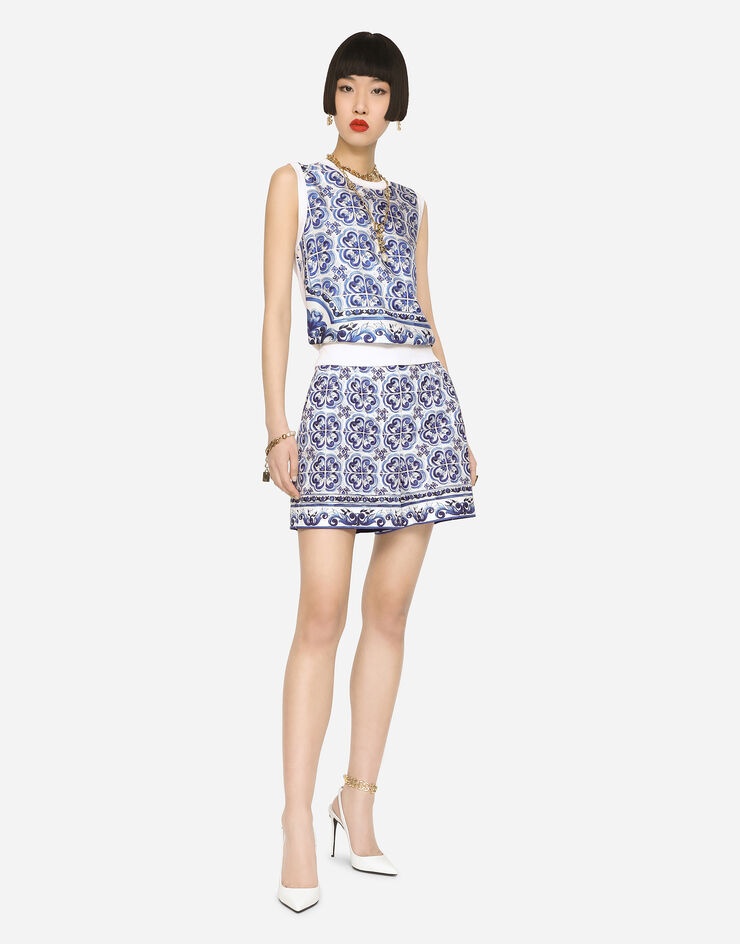 Sleeveless silk and twill sweater with majolica print - 3