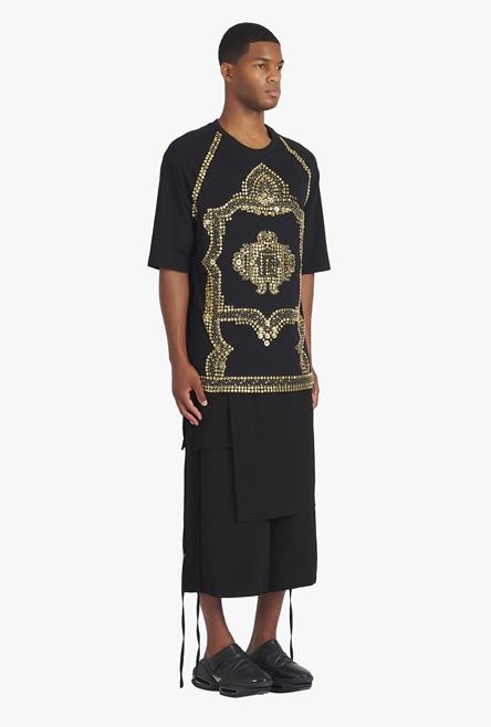 Oversized black cotton T-shirt with gold-tone studded embroidery - 7