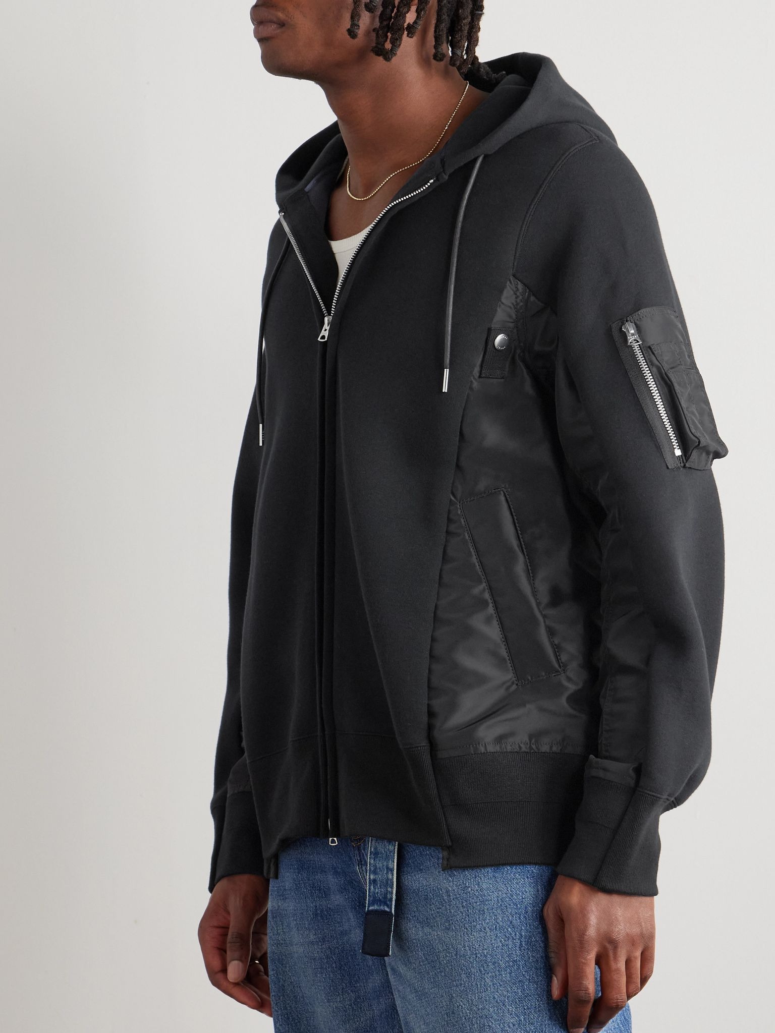 MA-1 Nylon-Trimmed Cotton-Blend Jersey Zip-Up Hoodie Black - 3