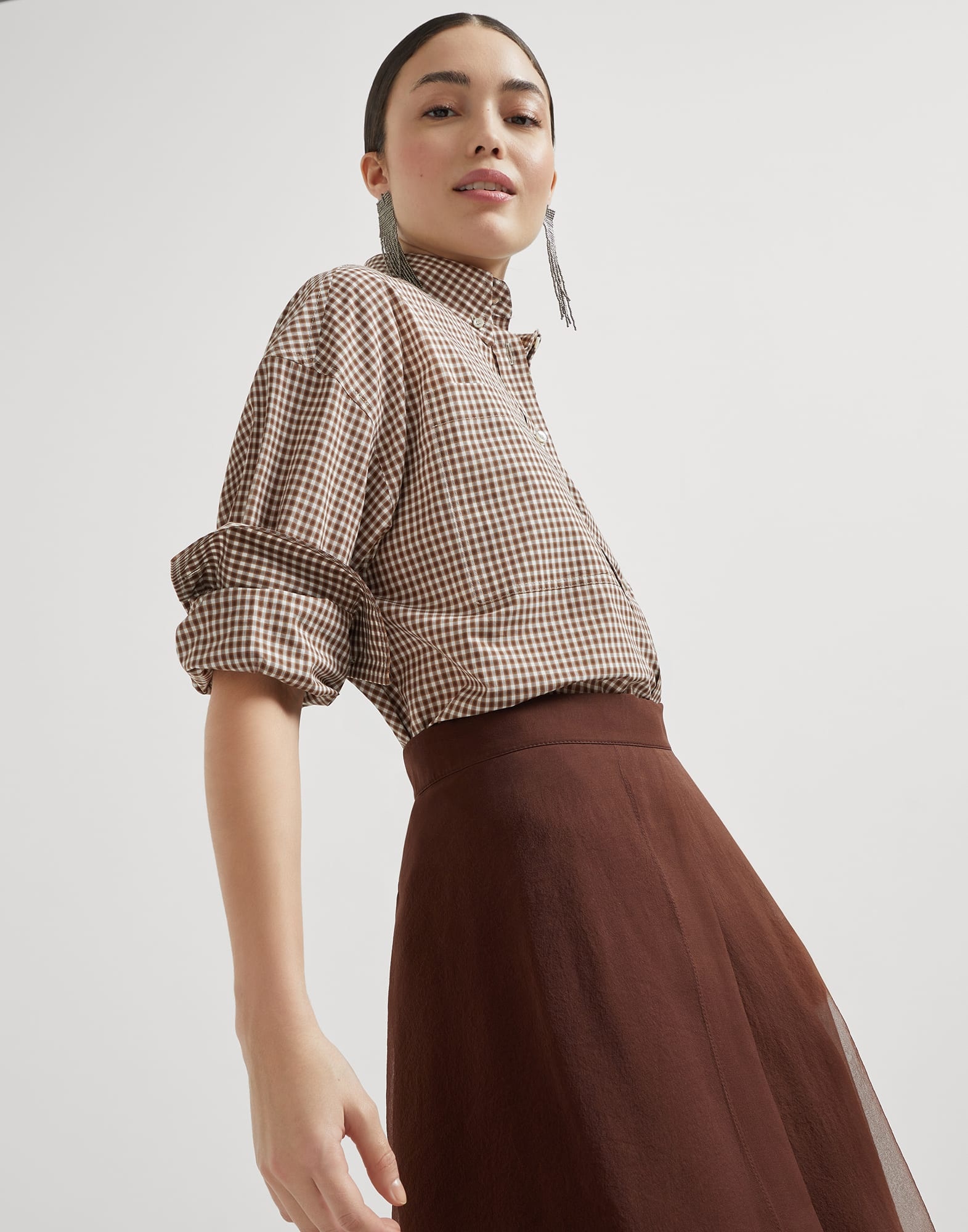 Cotton checked poplin shirt with monili - 4