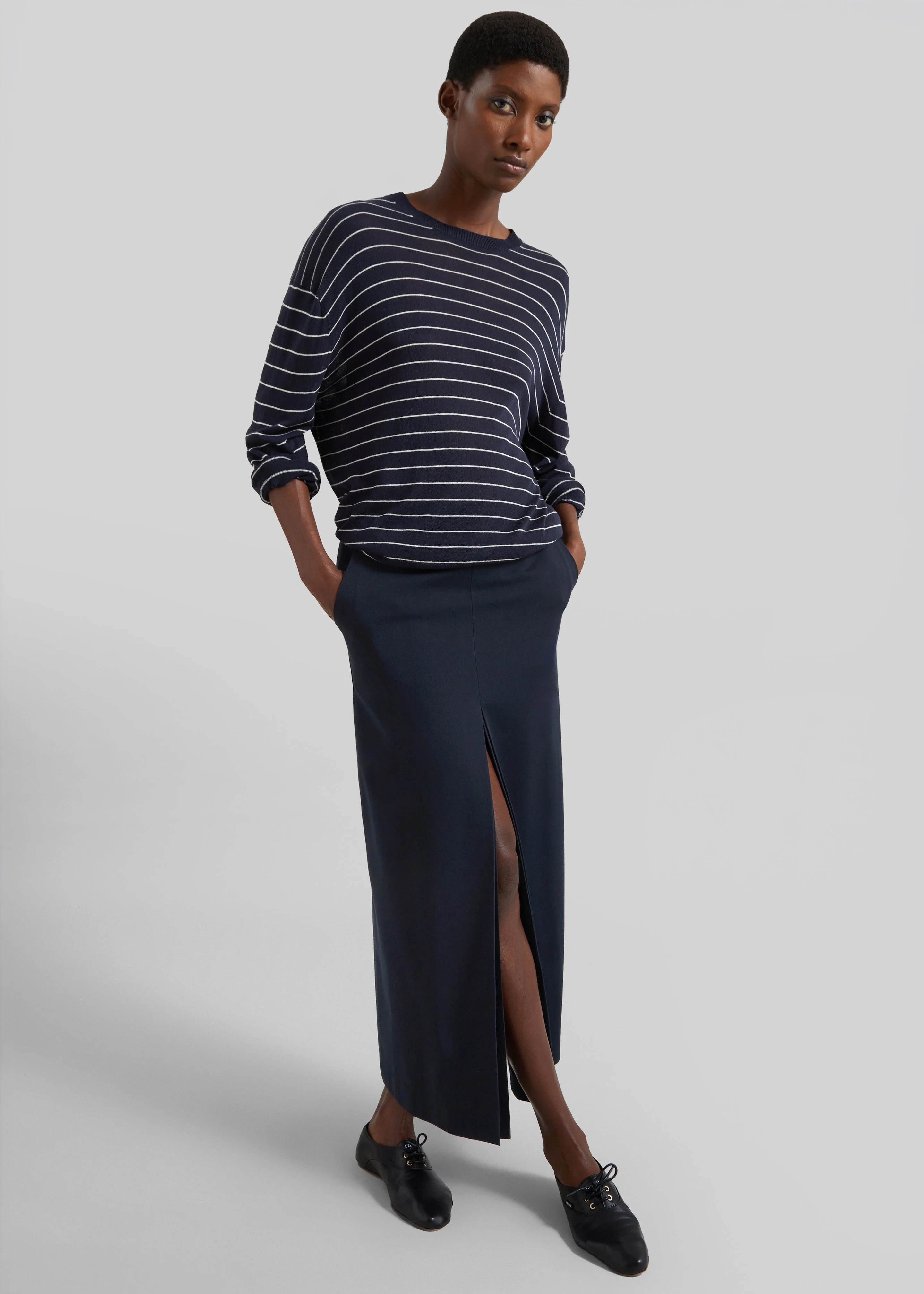 Lisle Front Slit Pencil Skirt - Navy - 1