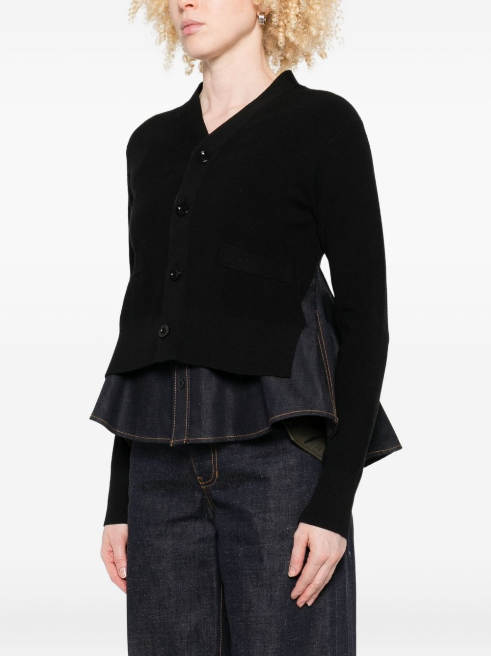denim-panel ribbed cardigan - 3