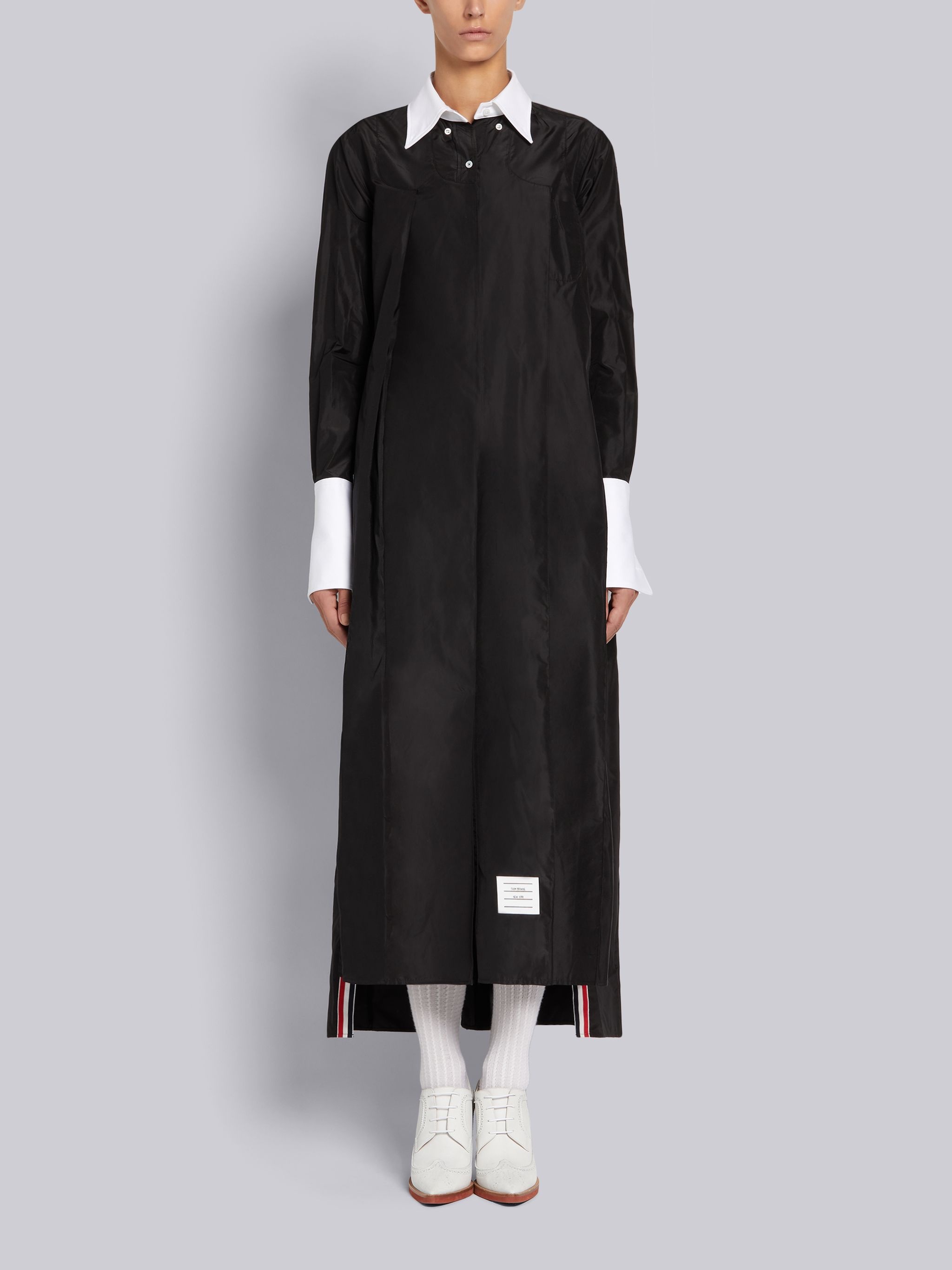 Black Silk Taffeta Long Sleeve French Cuff Inverted Pleat Ankle Length Shirtdress - 1