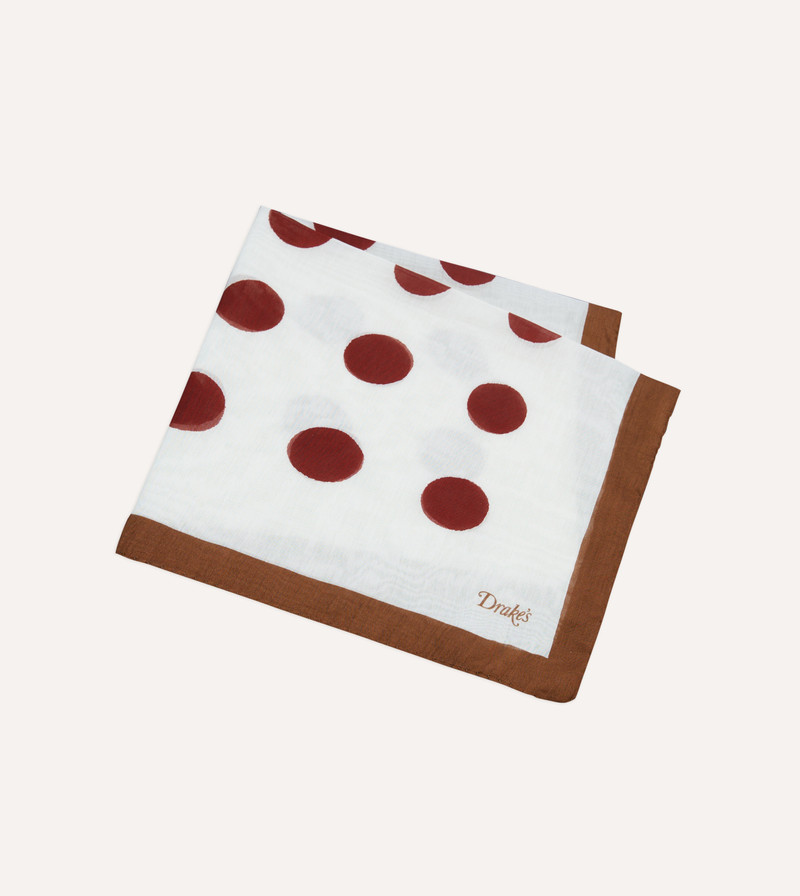 Brown, Ecru and Red Large Spots Print Cotton-Silk Pocket Square 4