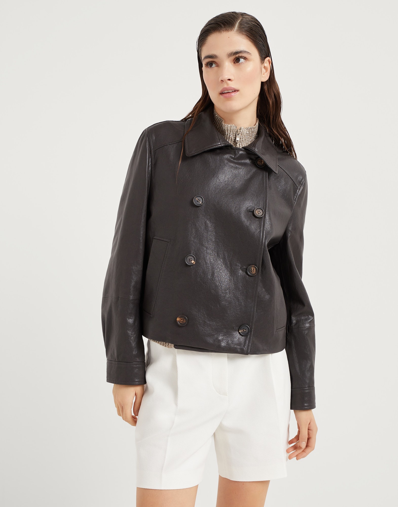 Polished leather cropped pea coat with monili - 1