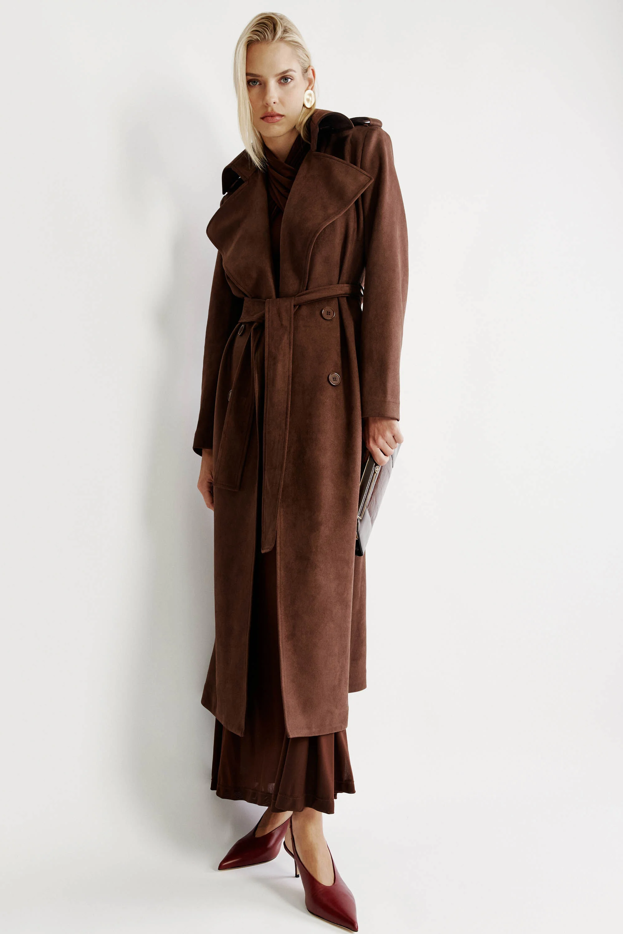 Kira Vegan Suede Trench Coat In Chocolate - 1