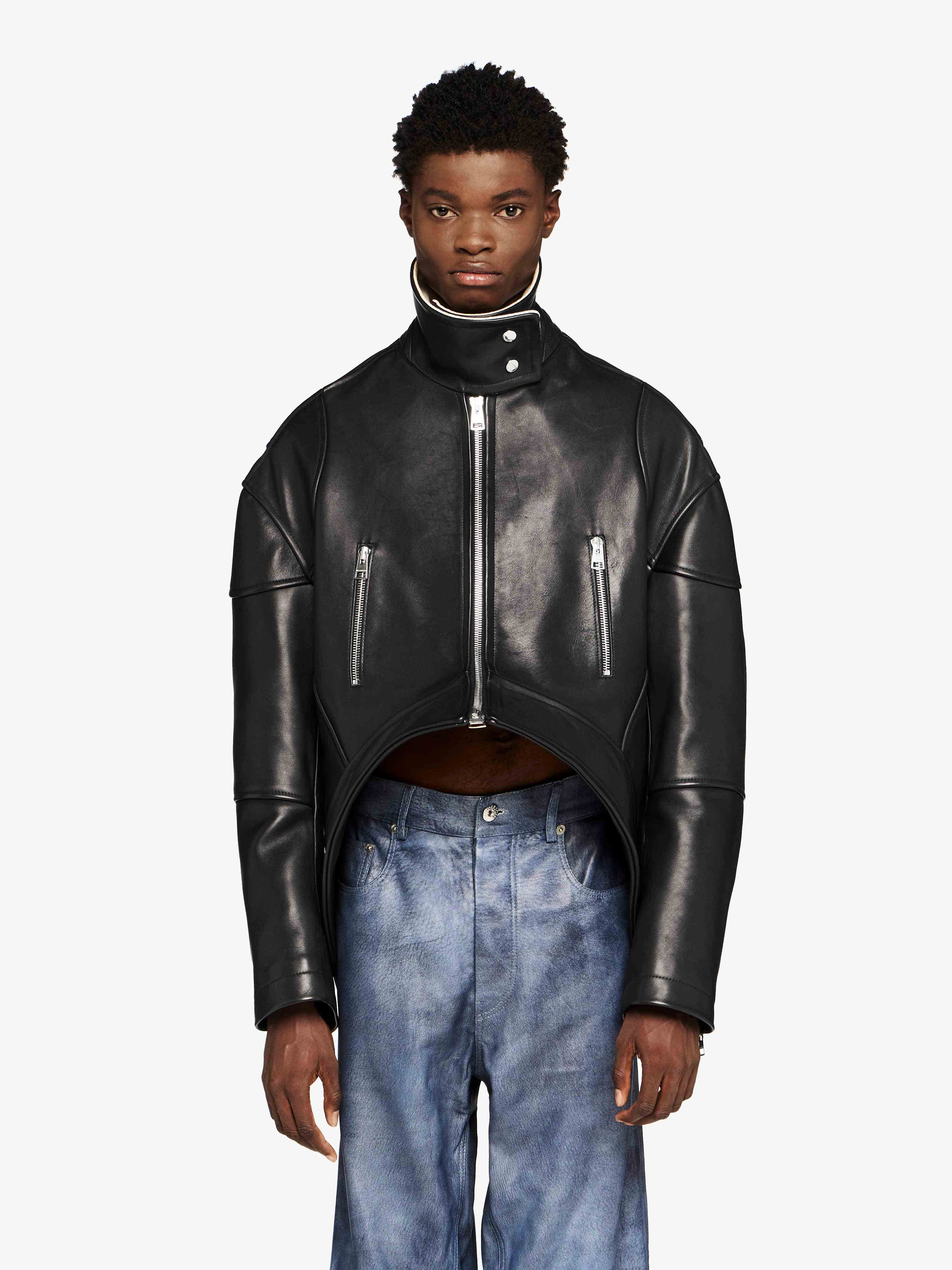 CURVED LEATHER HEM HIGH NECK JACKET - 2