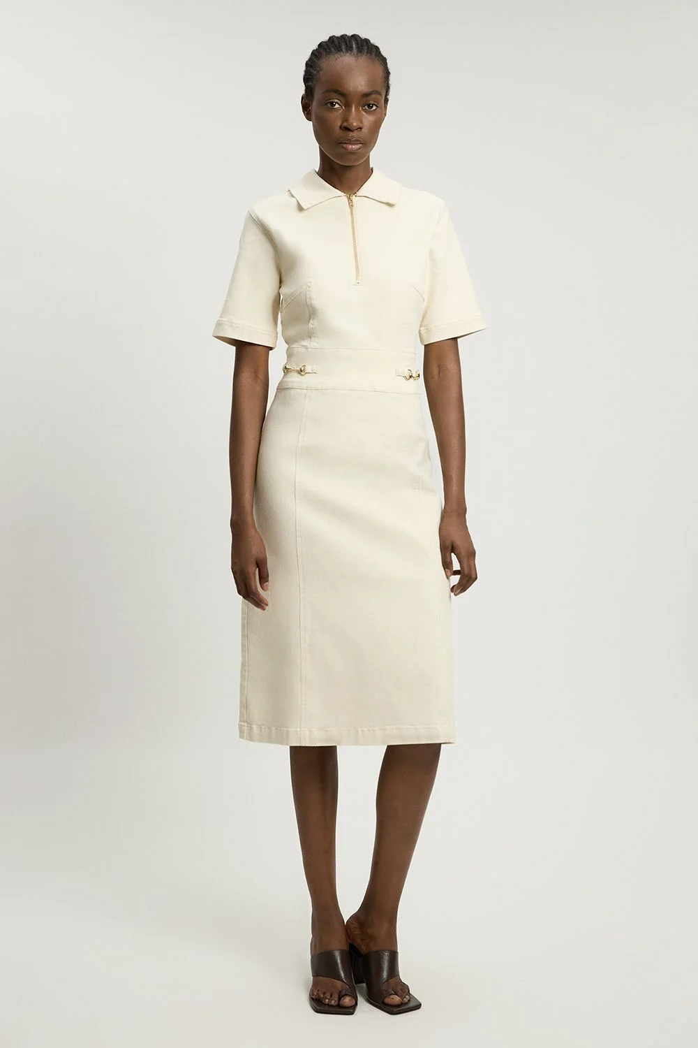 Stretch Denim Snaffle Trim Collared Midi Dress - 1