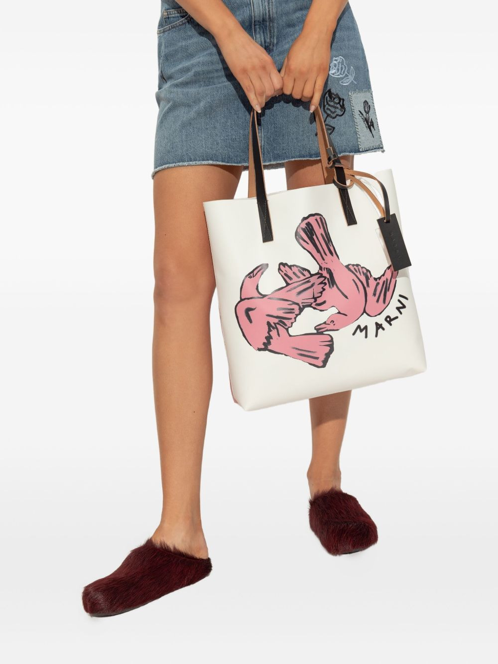 bird-print leather tote bag - 2