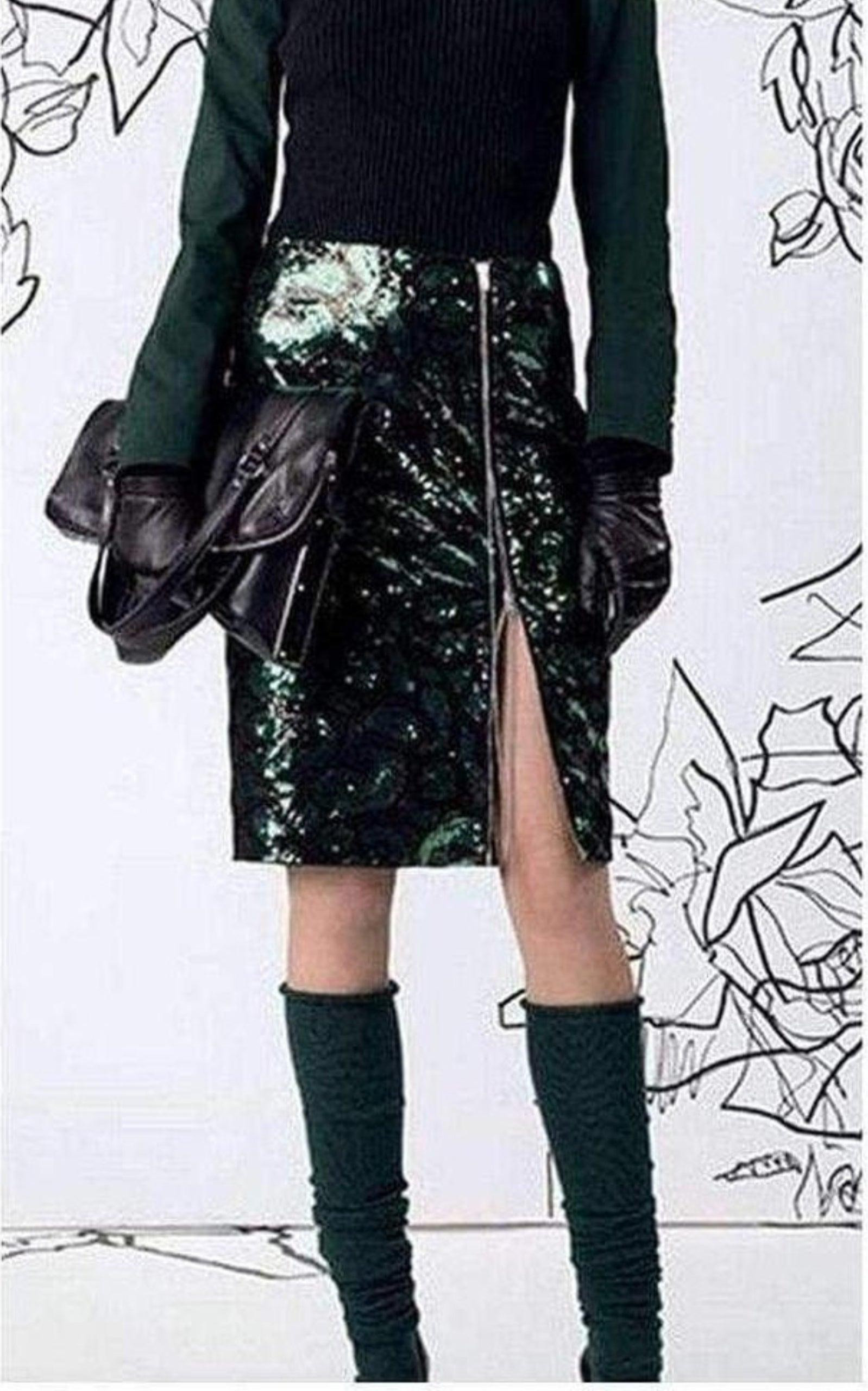 Dark Olive Green Front Zipper Leather Skirt - 6