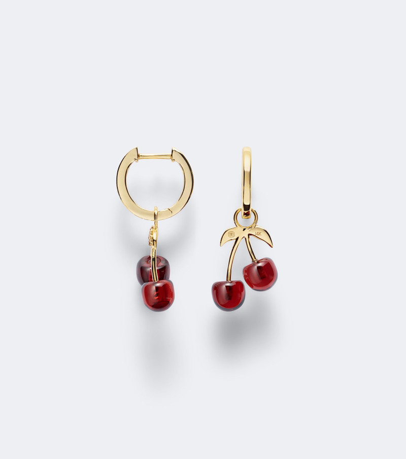 Cherry 14kt gold hoop earrings with garnets and diamonds 4