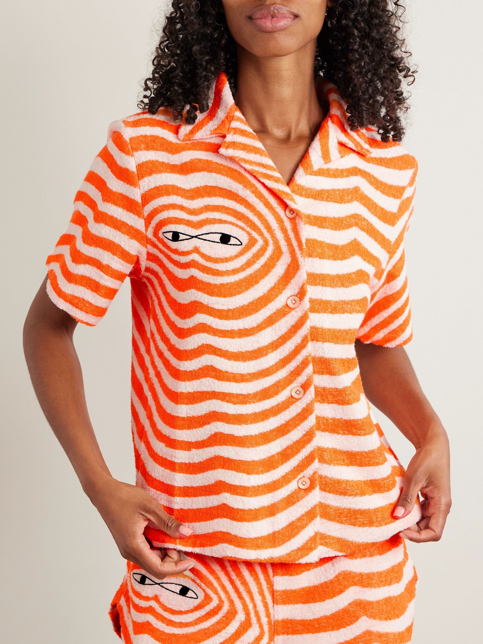 Embroidered striped cotton-terry shirt Orange - 3