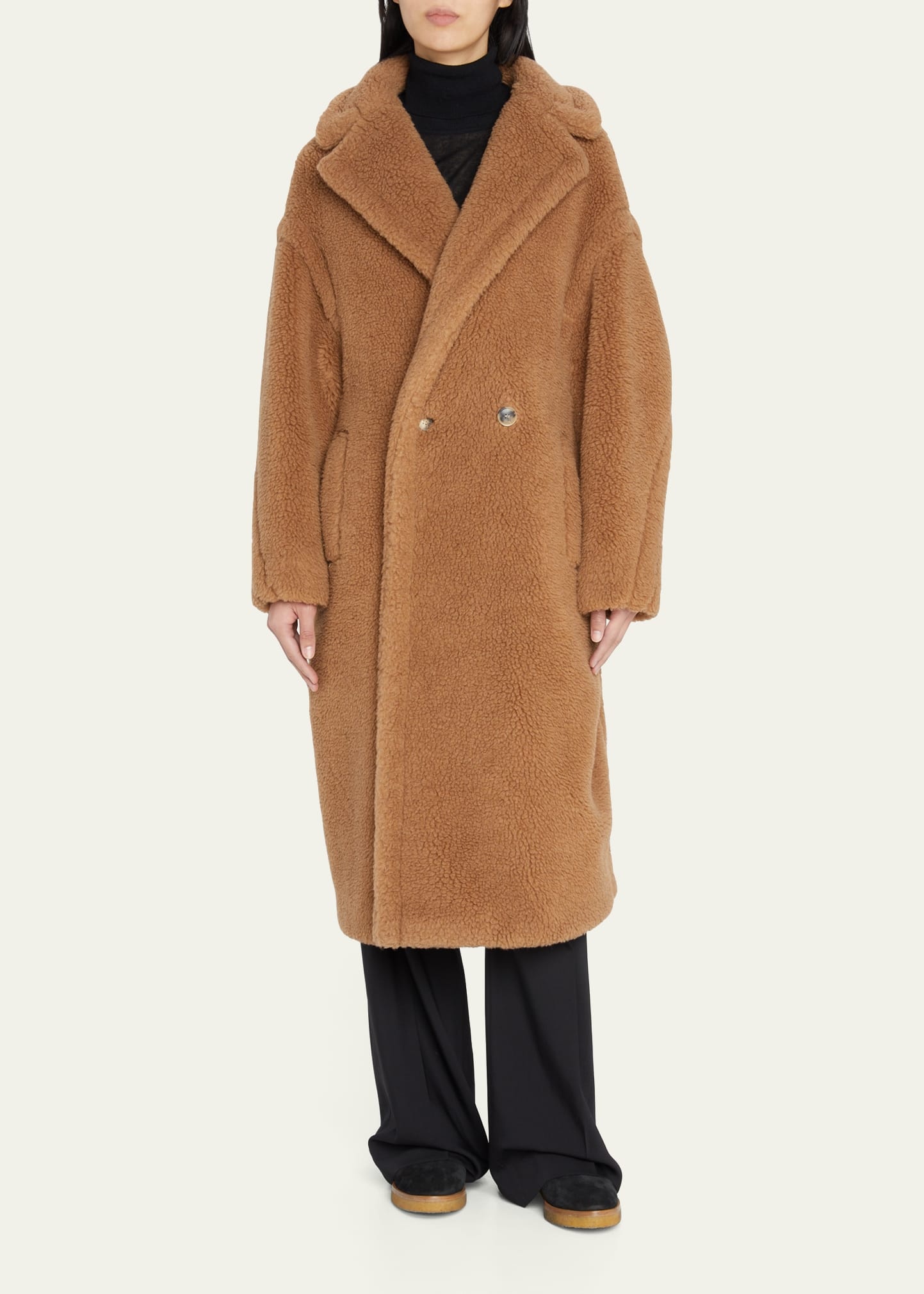 Double-Breasted Camel Hair Blend Teddy Coat - 2