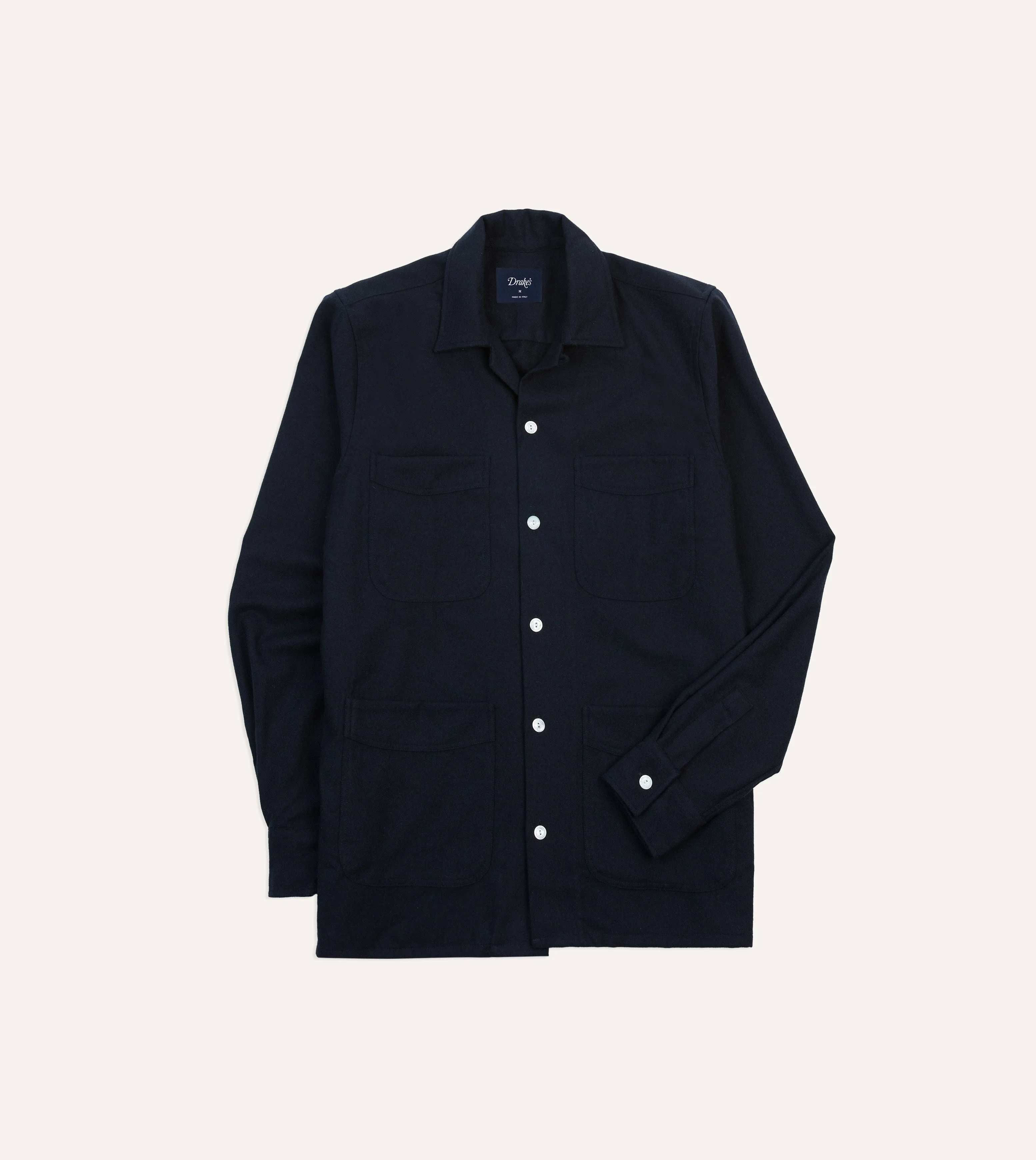 Navy Wool Four-Pocket Camp Collar Work Shirt - 1