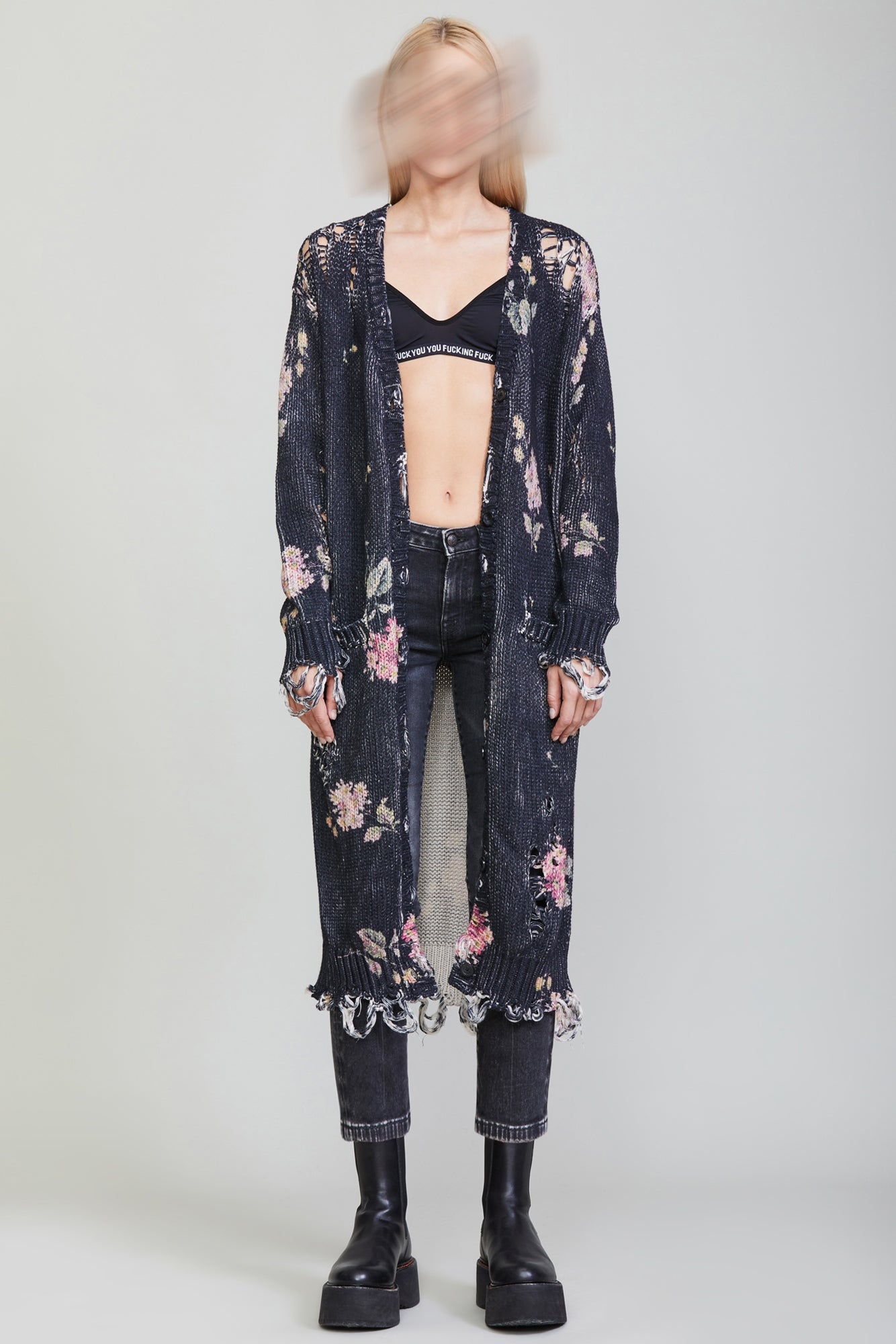 DISTRESSED LONG CARDIGAN - FLORAL ON BLACK - 1