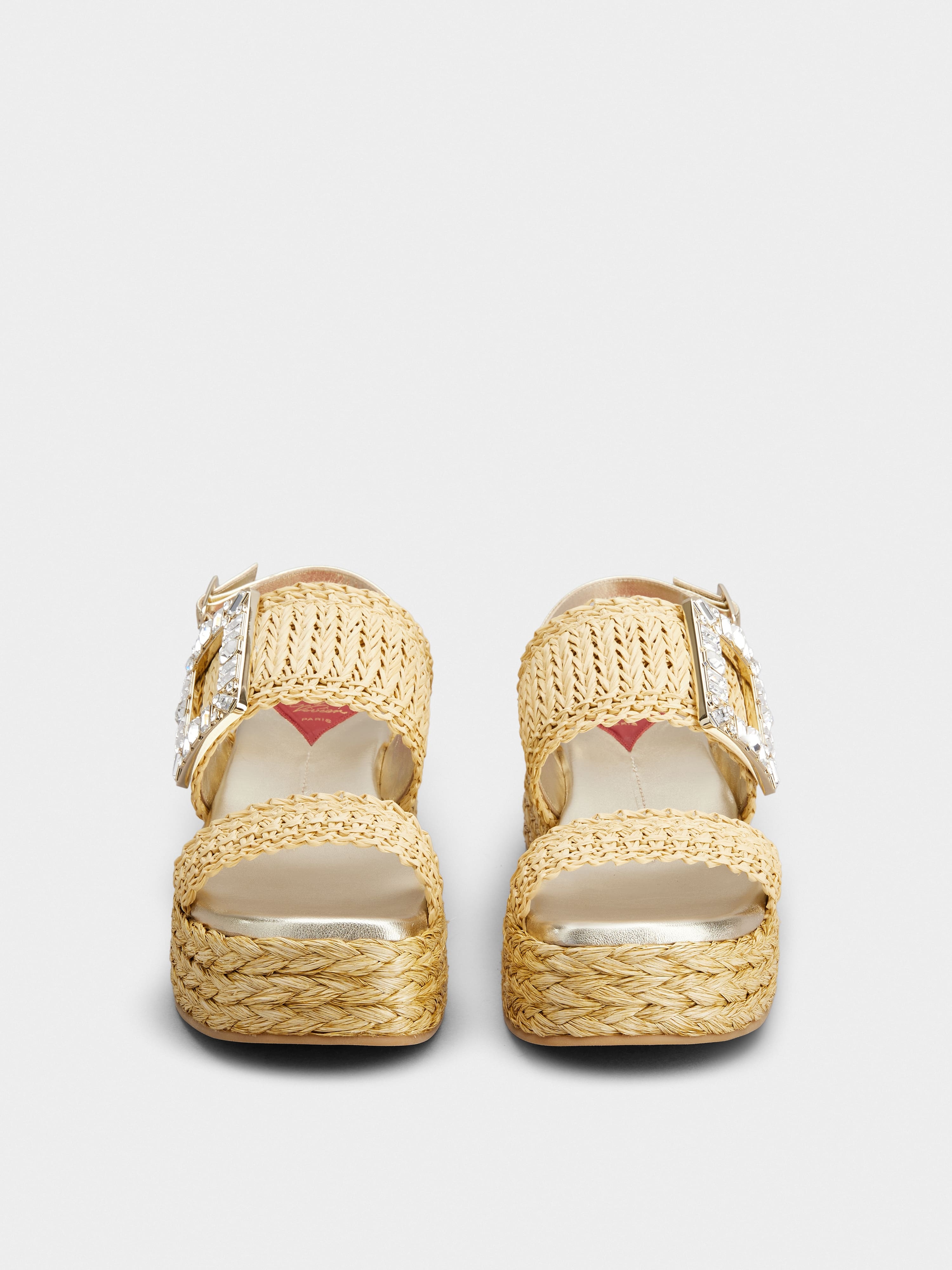 Strass Buckle Wedge Sandals in Raffia - 6