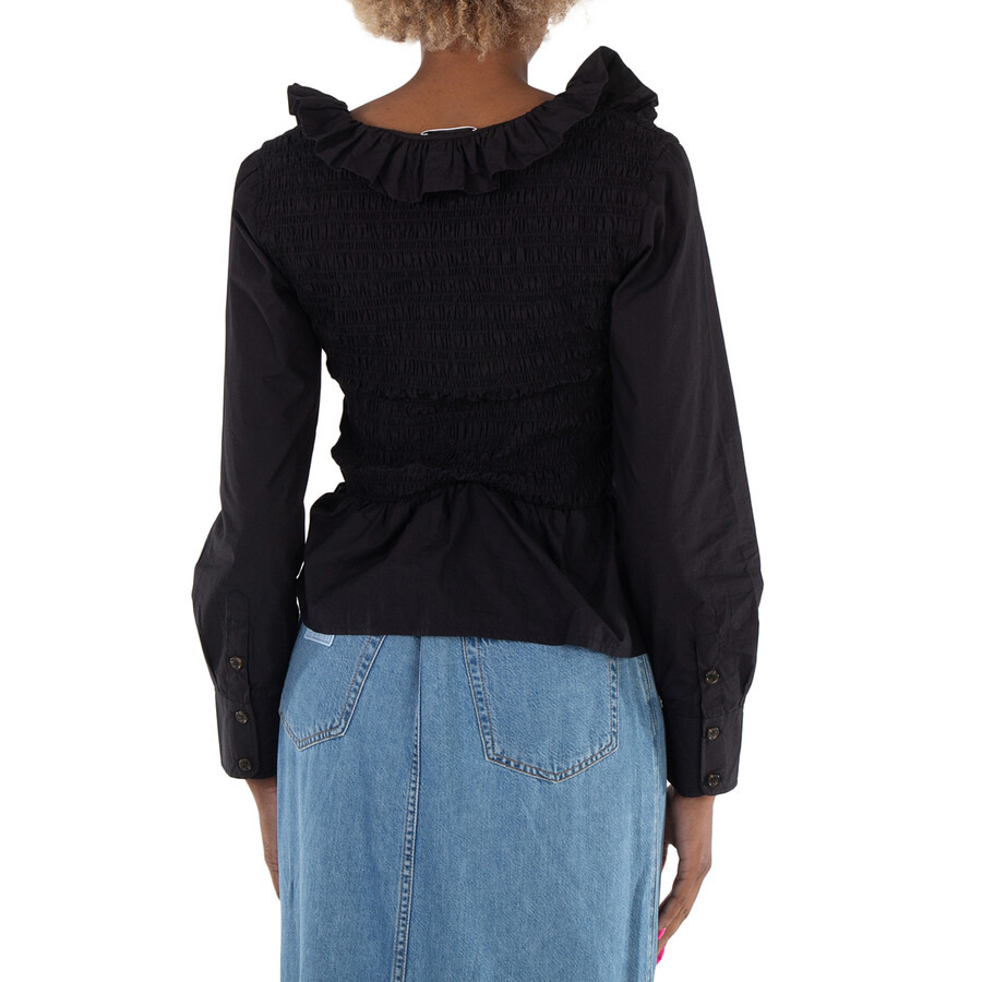 Ganni Black Cotton Poplin Ruffled Smock Blouse - 3