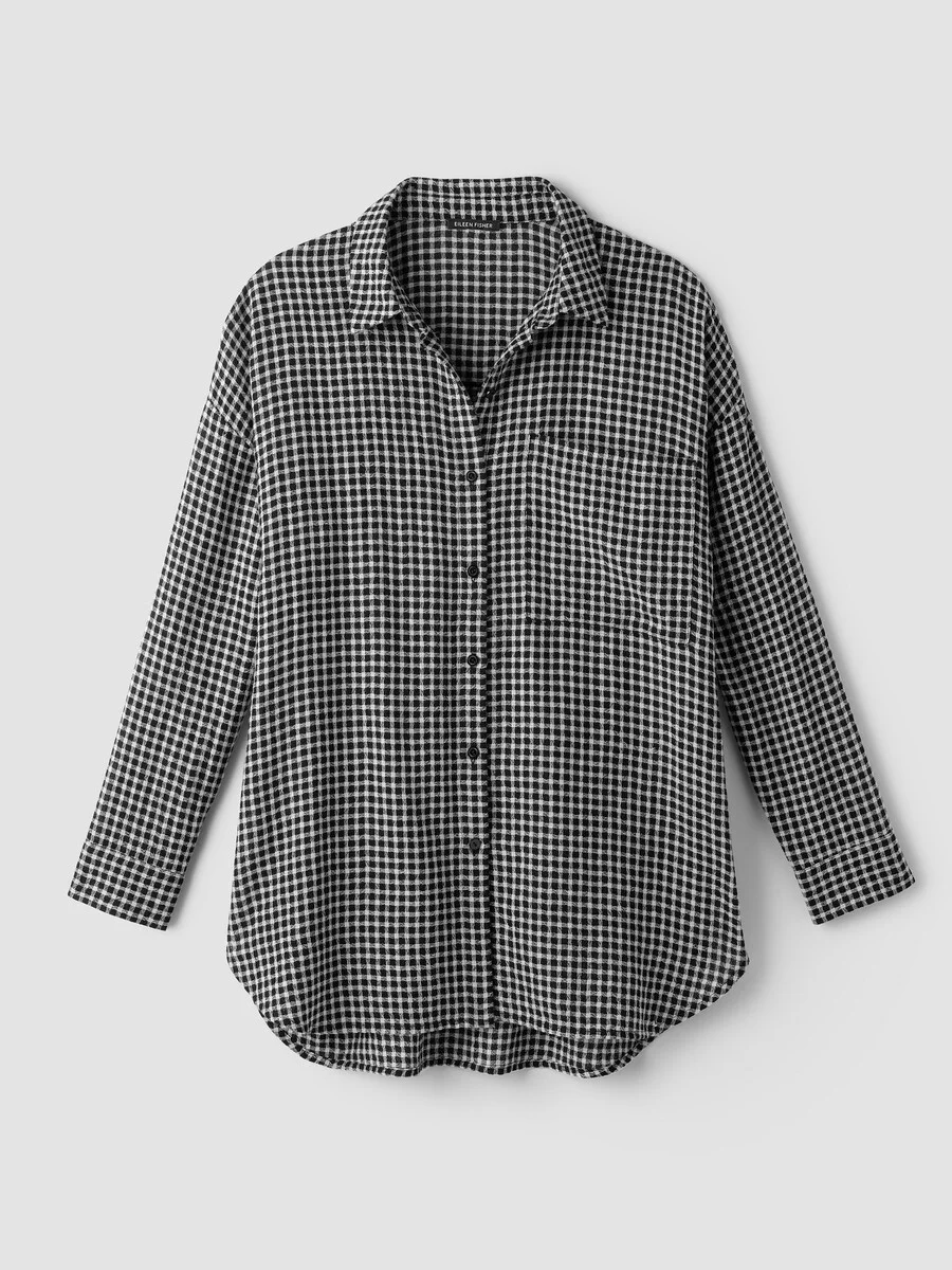 Wool Cotton Check Classic Collar Long Shirt - 1