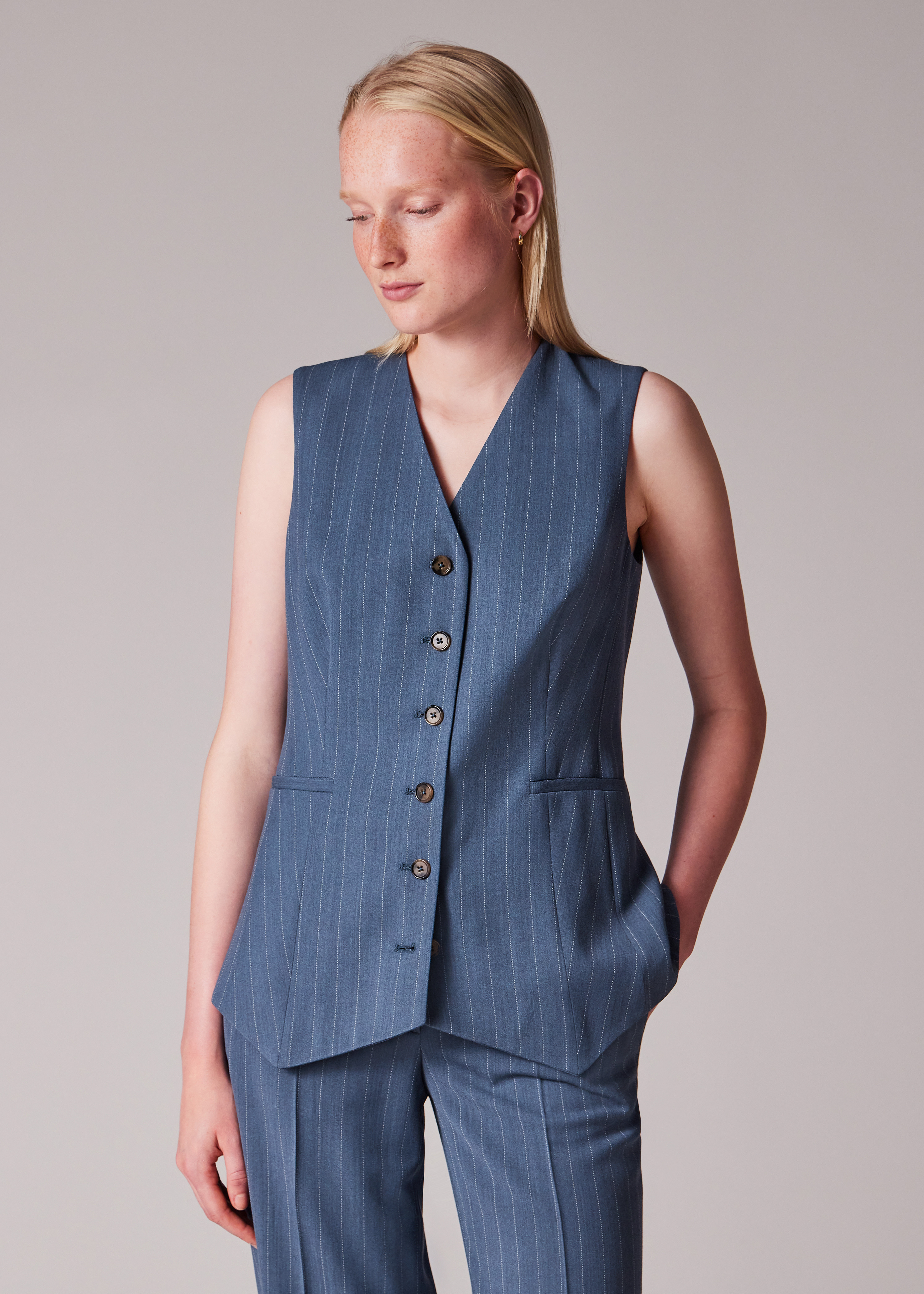 Women's Slate Blue Unlined Pinstripe Three-Piece Suit - 5
