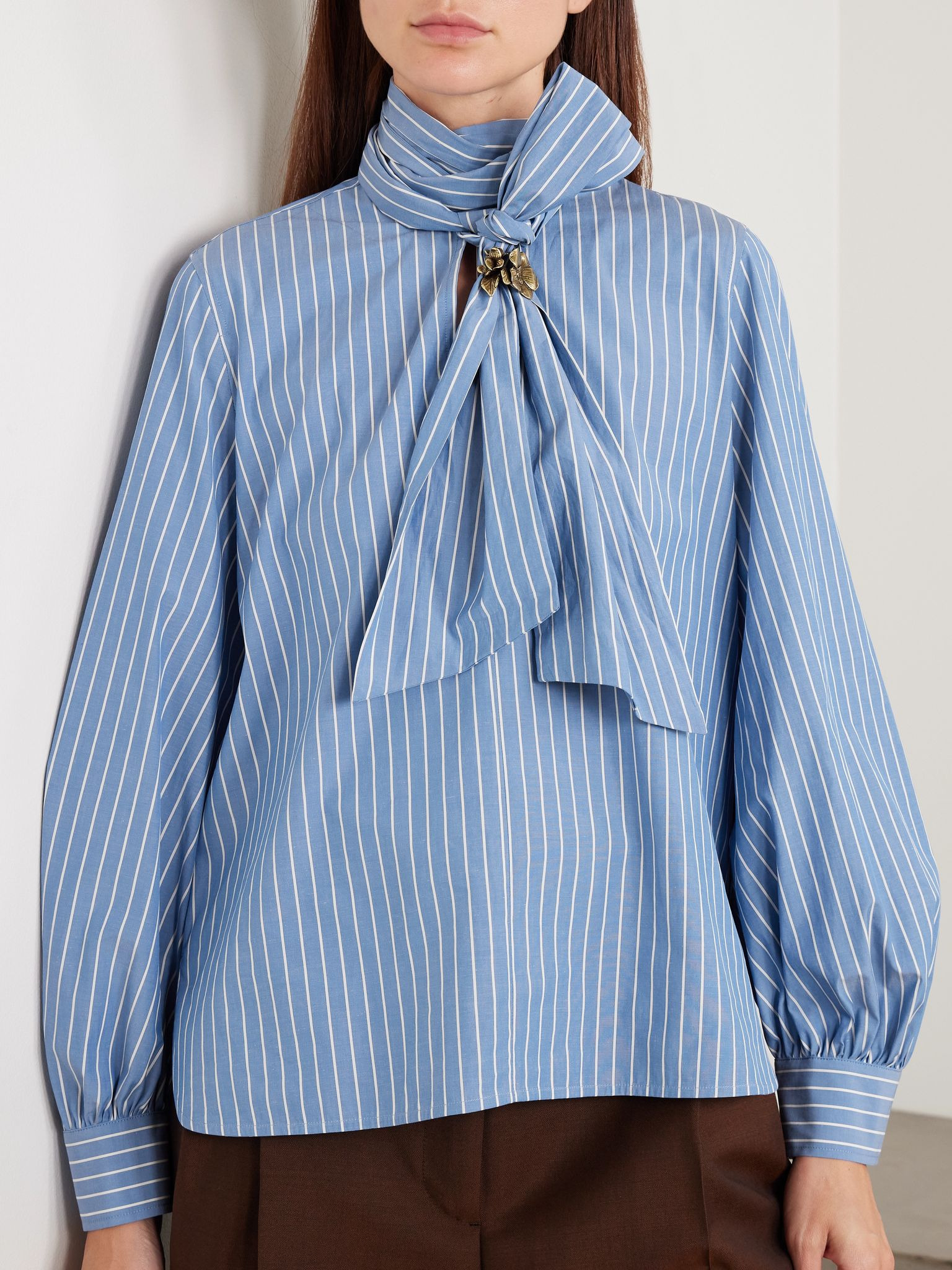 Embellished striped cotton-blend poplin shirt Light blue - 3