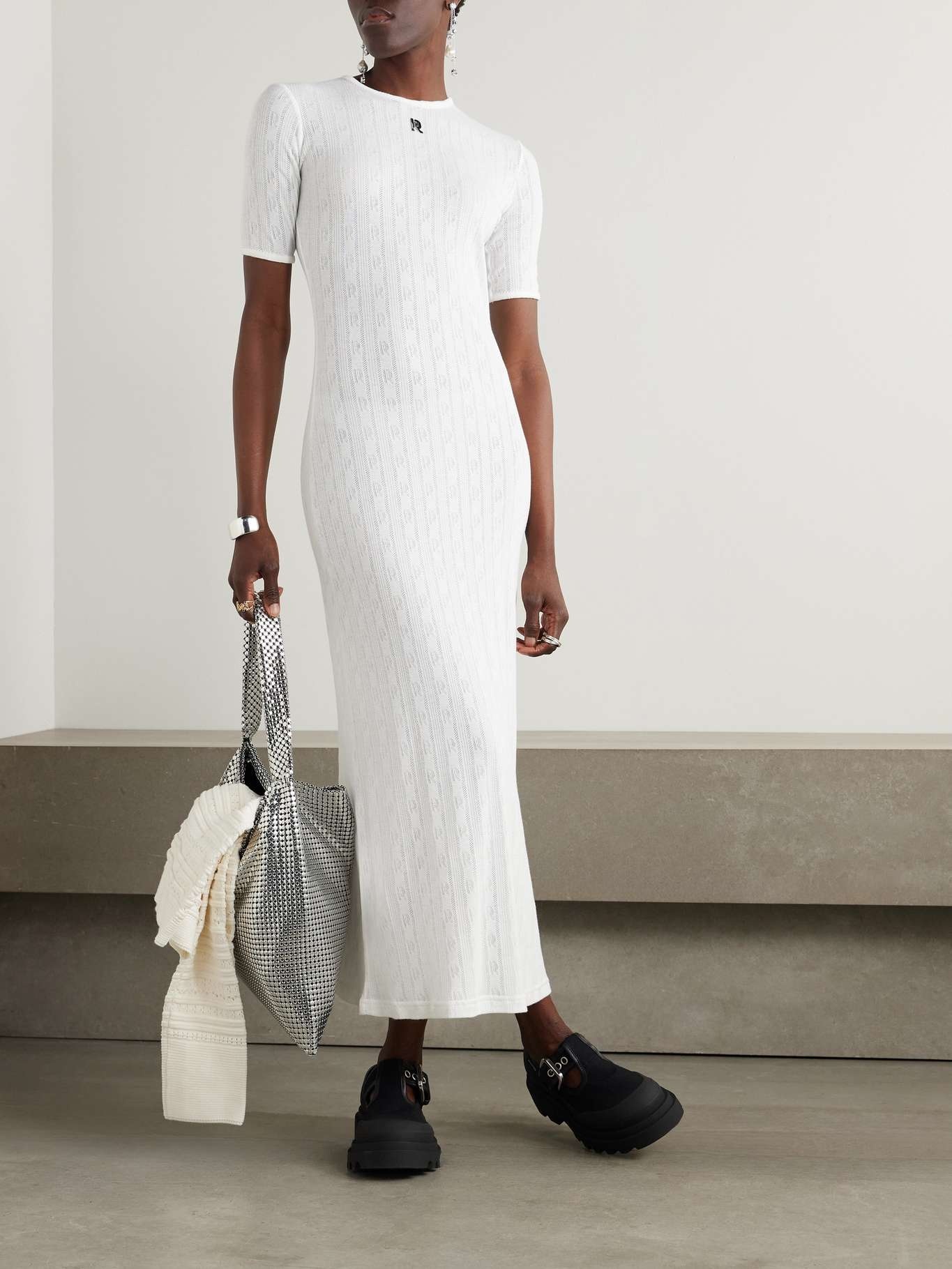 Embellished pointelle-knit cotton maxi dress White - 2
