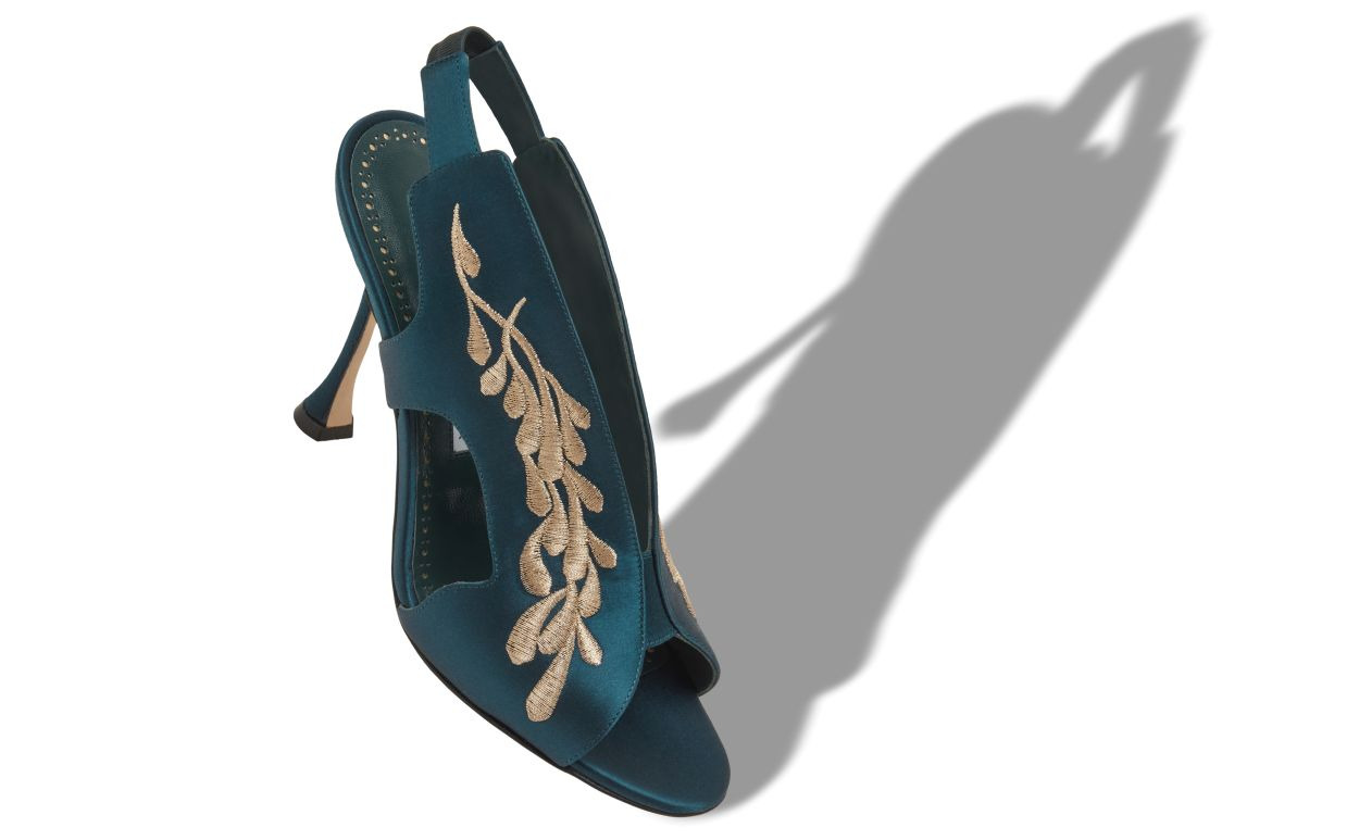 Navy Blue and Gold Satin Slingback Sandals - 2