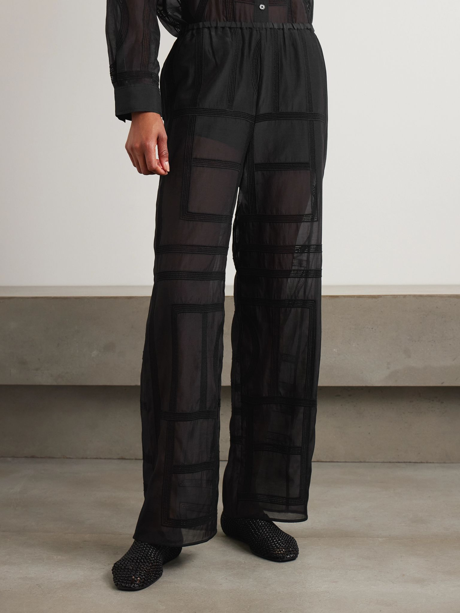 Embroidered organic cotton and silk-blend  voile wide-leg pants Black - 3