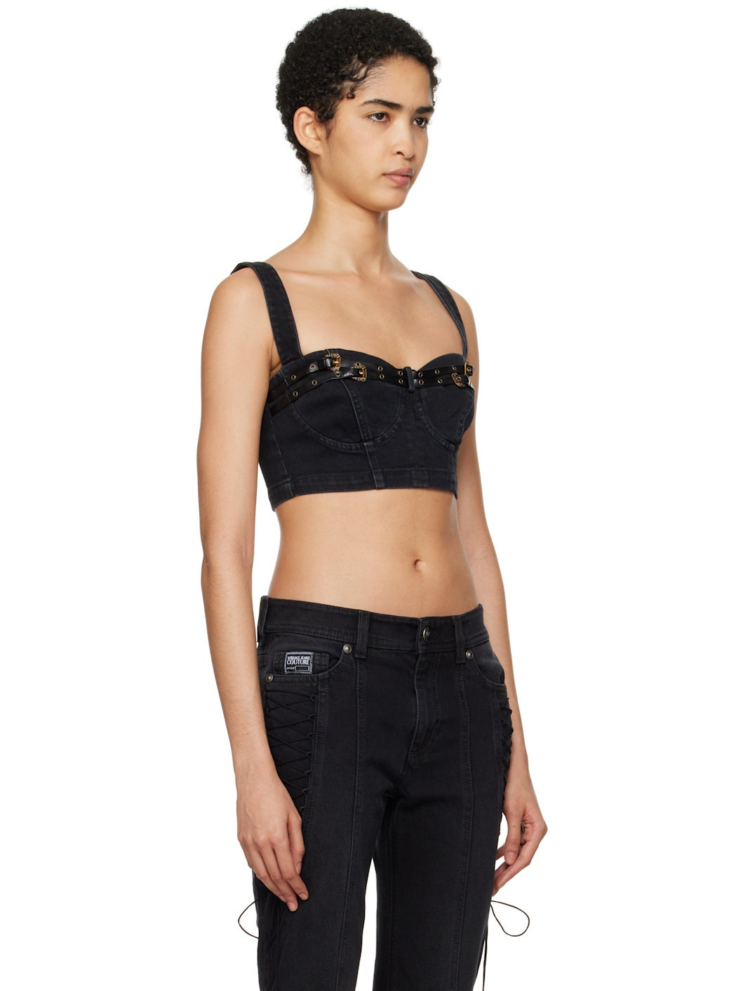 Black Baroque Buckle Denim Bustier - 2