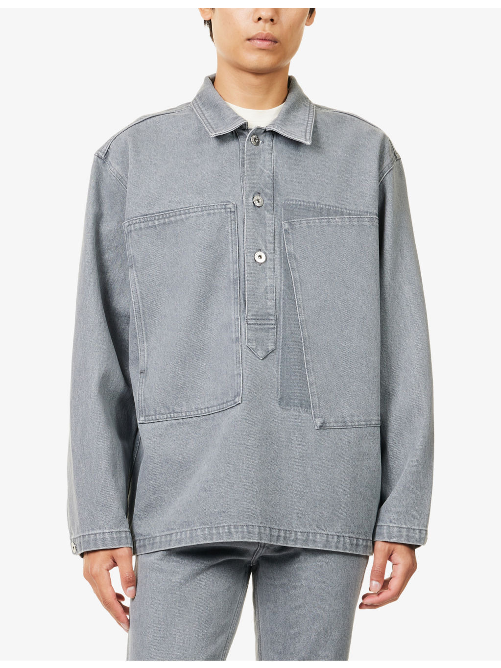Faded-Wash Patch-Pocket Denim Rugby Shirt - 3
