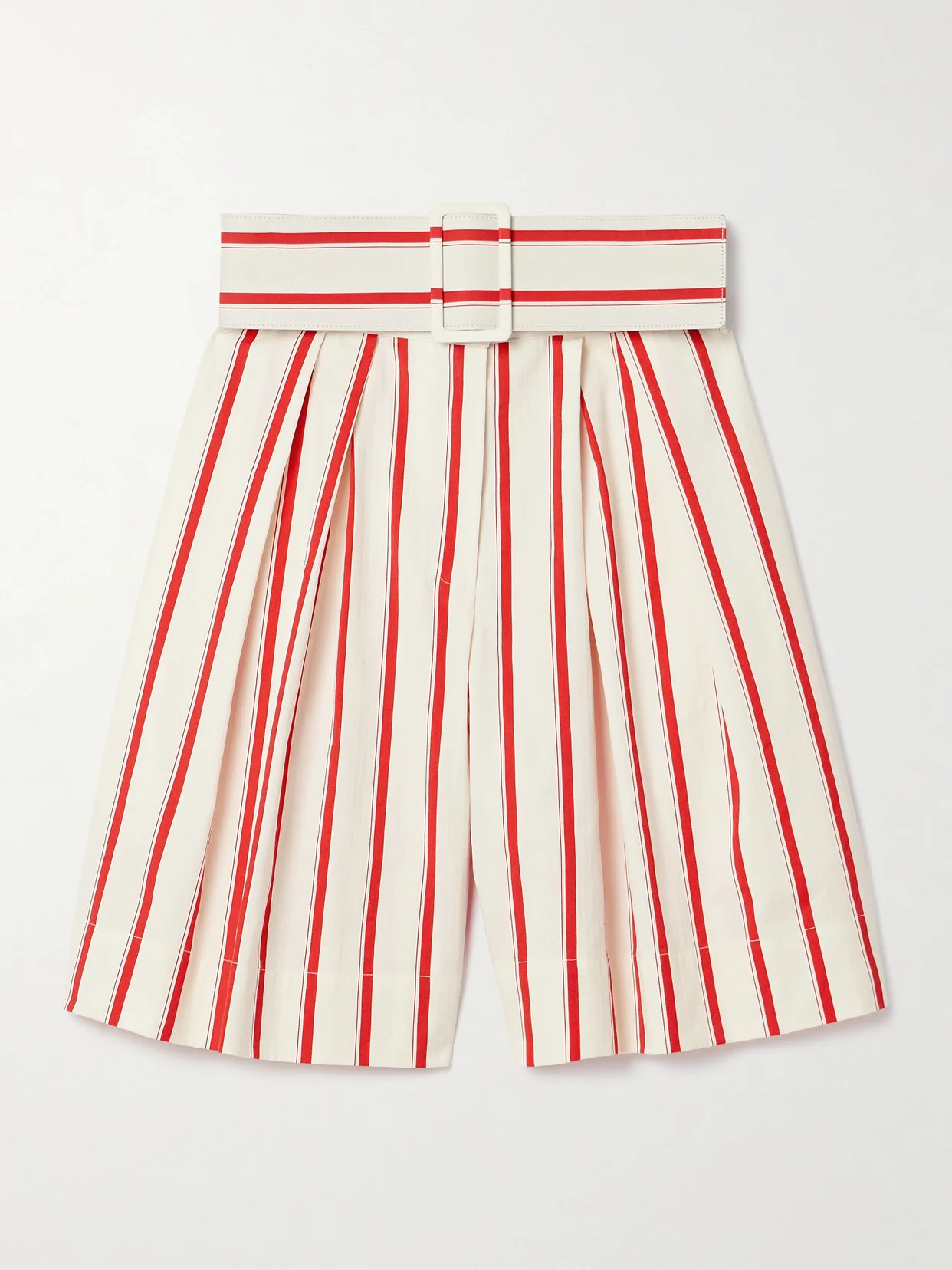 Belted Pleated Striped Herringbone Cotton-blend Shorts - 1