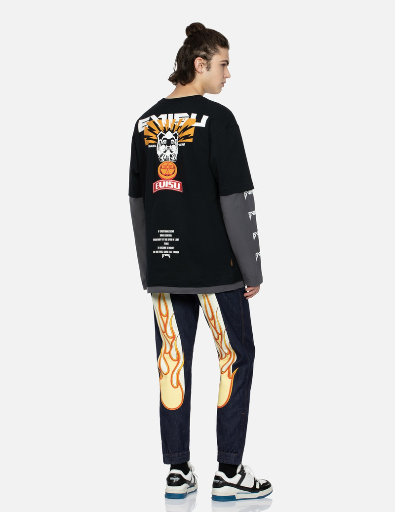 FLAME DAICOCK PRINT SIDE ZIPPED DENIM JOGGER PANTS 3