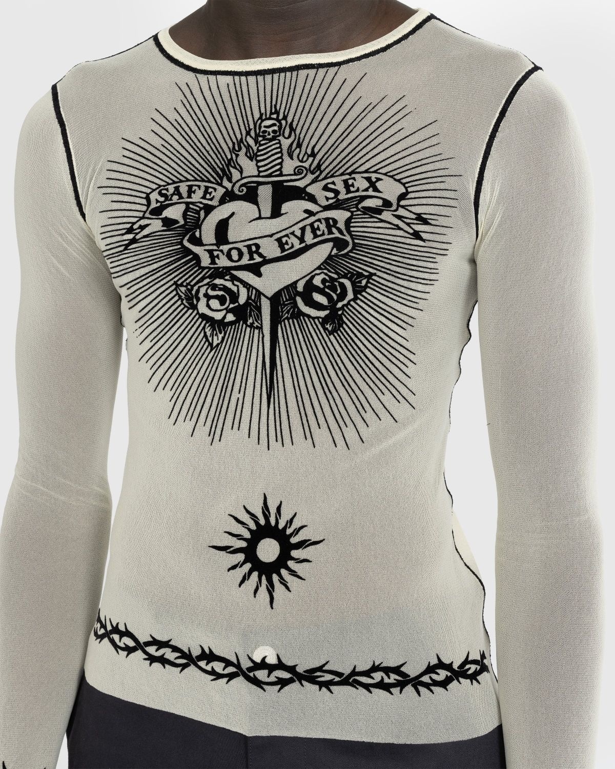 Jean Paul Gaultier Printed Safe Sex Tattoo Long Sleeve Crew Neck Top in Nude,  Brown, & Black