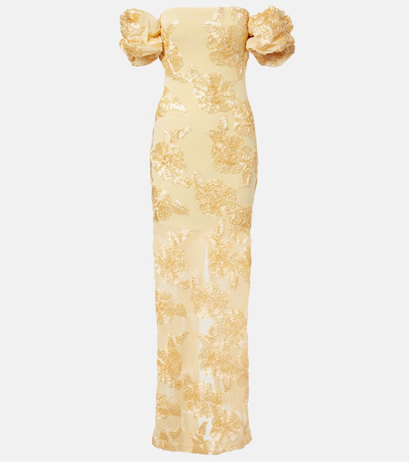 Floral-appliqué off-shoulder maxi dress 1