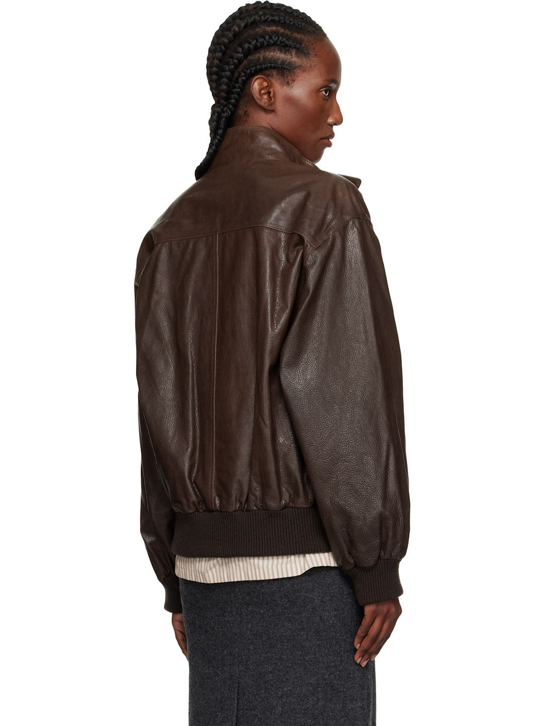 Brown Stand Collar Leather Blouson Jacket - 3