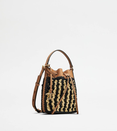 Tod's BUCKET BAG IN LEATHER AND RAFFIA MICRO - BEIGE, BROWN, BLACK outlook