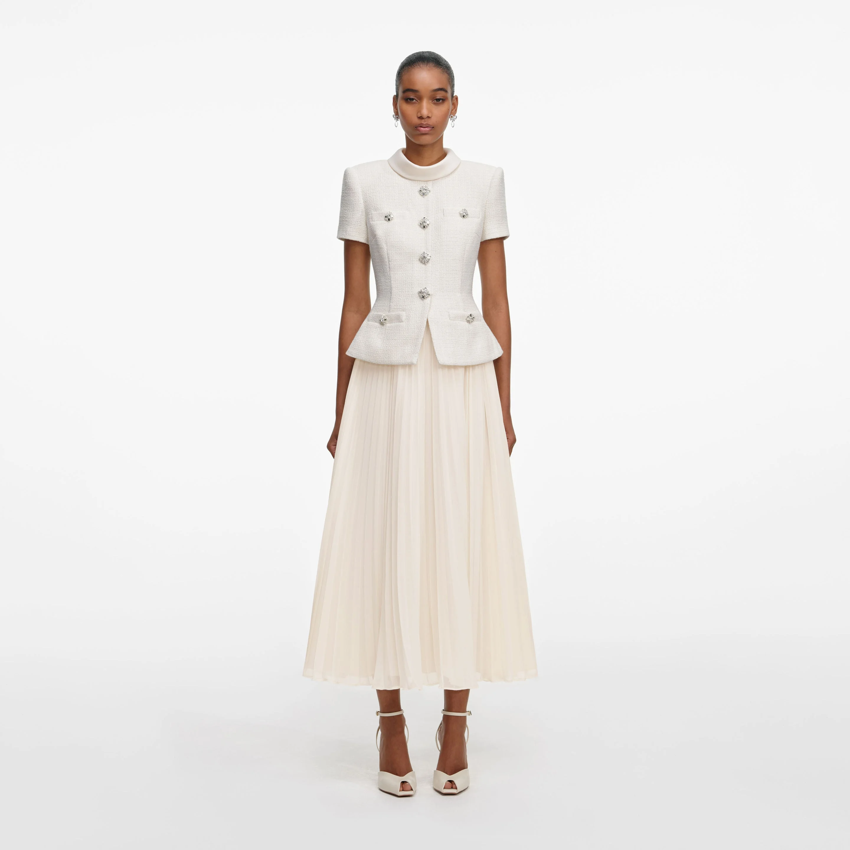 Cream Boucle Collared Midi Dress - 1