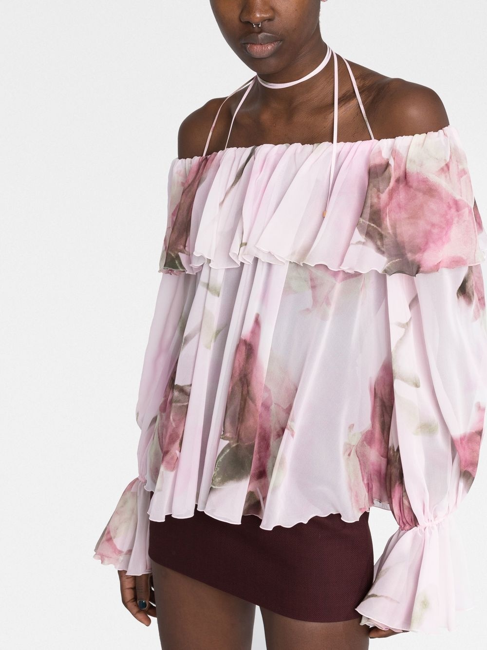 ruffled-trim floral-print blouse - 3