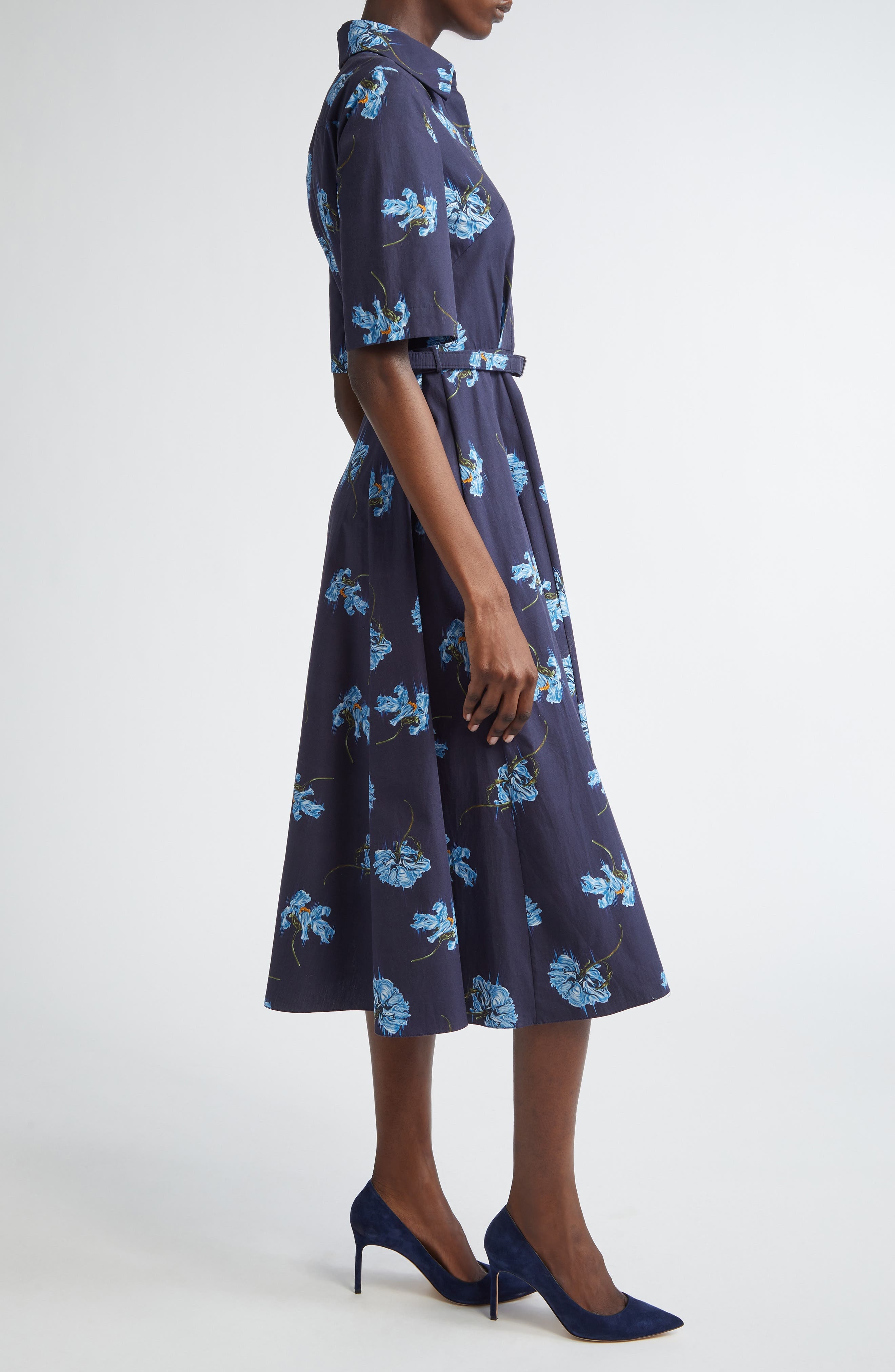 Emilia Wickstead Rubie Belted Cotton Poplin Midi Shirtdress in Blue Flowers On Navy at Nordstrom - 3