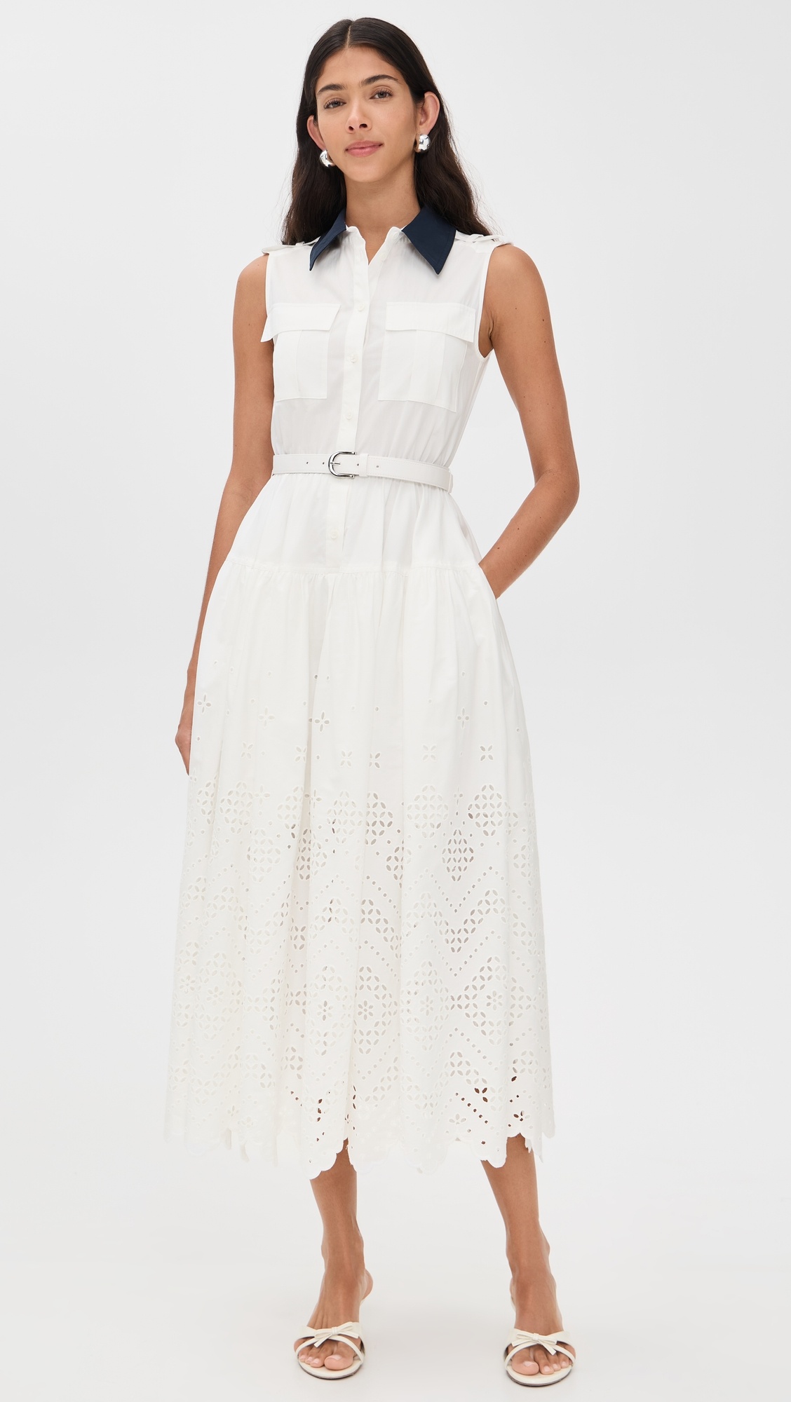White Contrast Collar Broderie Midi Dress - 6