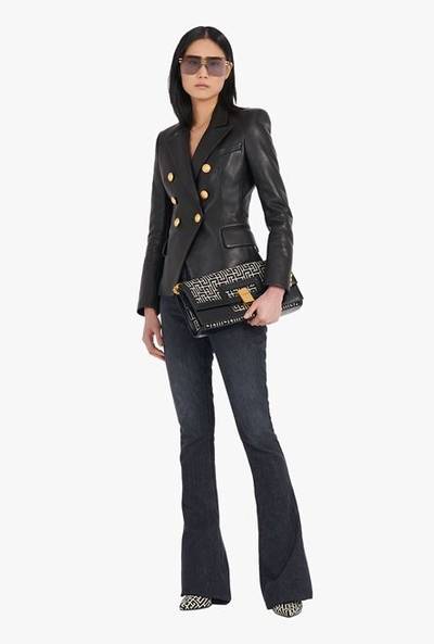 Balmain Black double-breasted leather blazer outlook