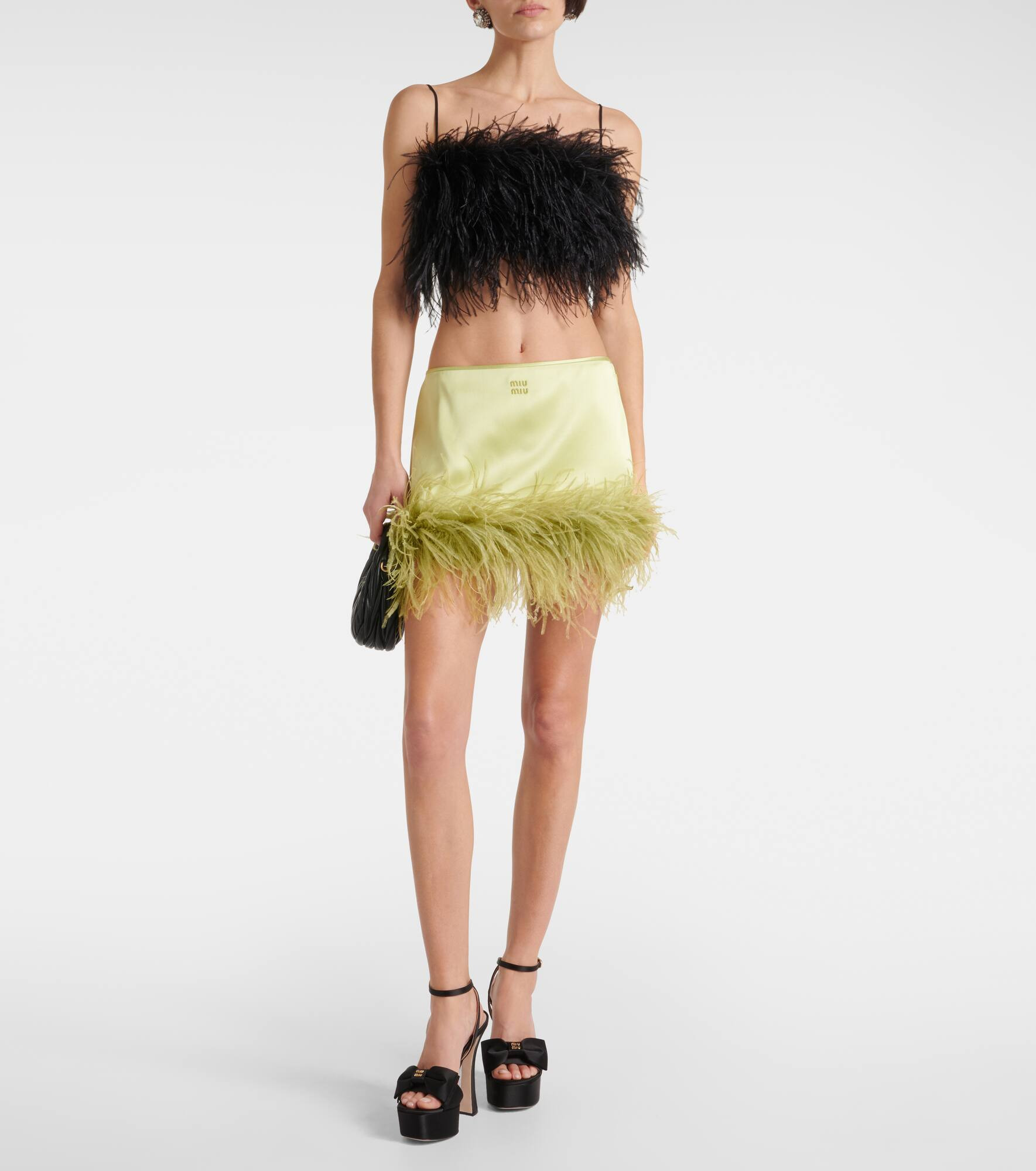Feather-trimmed satin miniskirt - 2