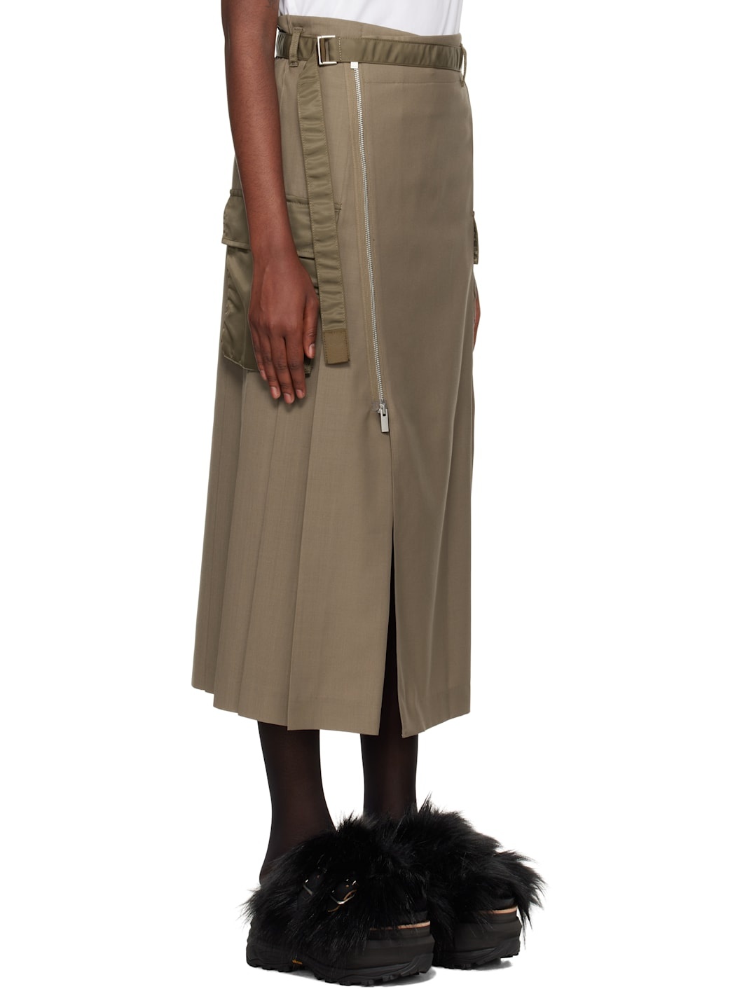 Khaki Suiting & Nylon Twill Midi Skirt - 2