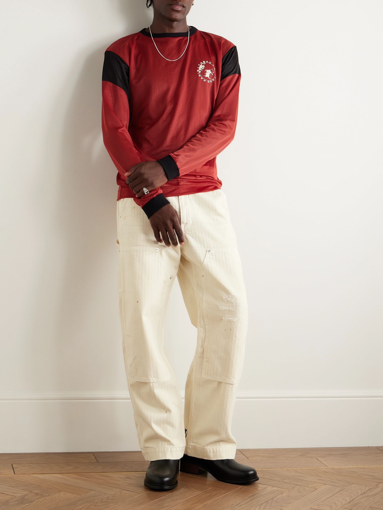 Straight-Leg Distressed Panelled Herringbone Denim Trousers Cream - 2